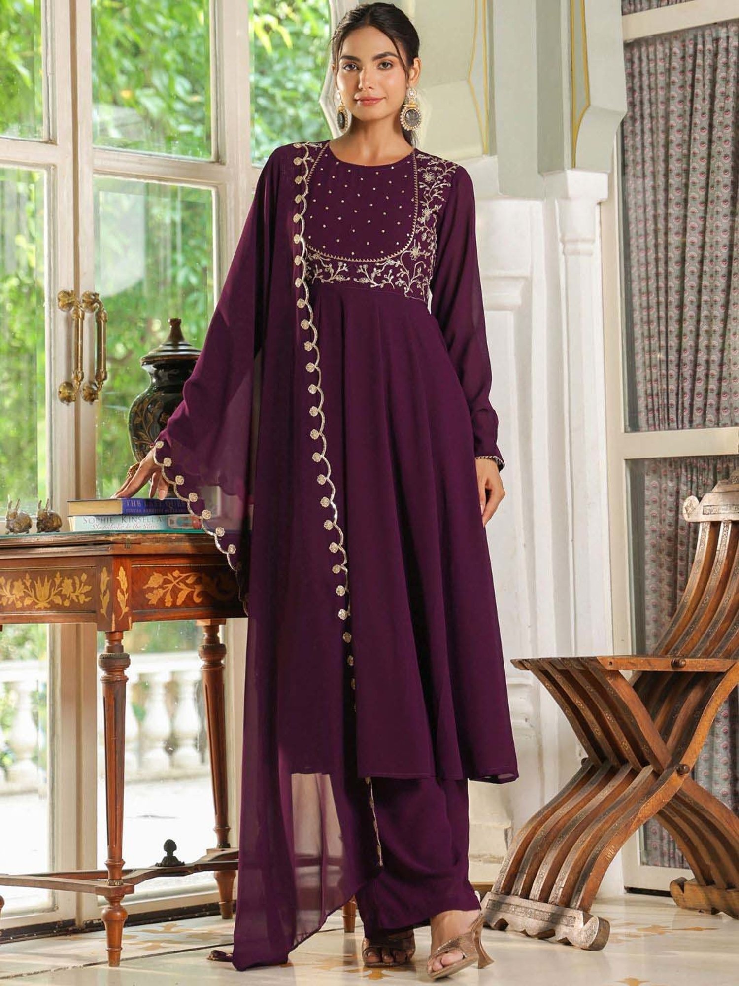 Janasya Purple Embroidered Kurta Palazzo Set With Dupatta