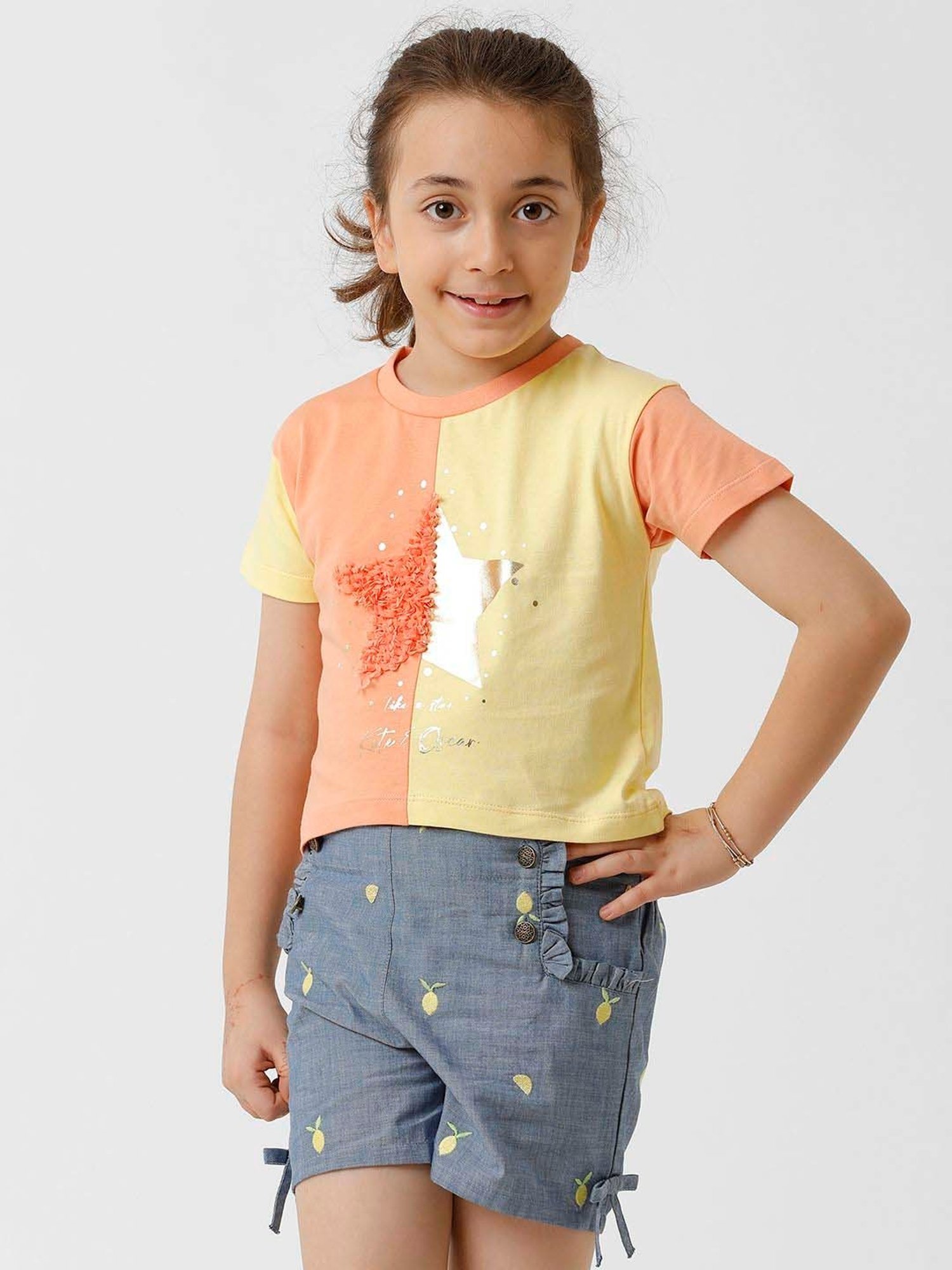 Kate & Oscar Kids Peach & Yellow Cotton Color Block T-Shirt