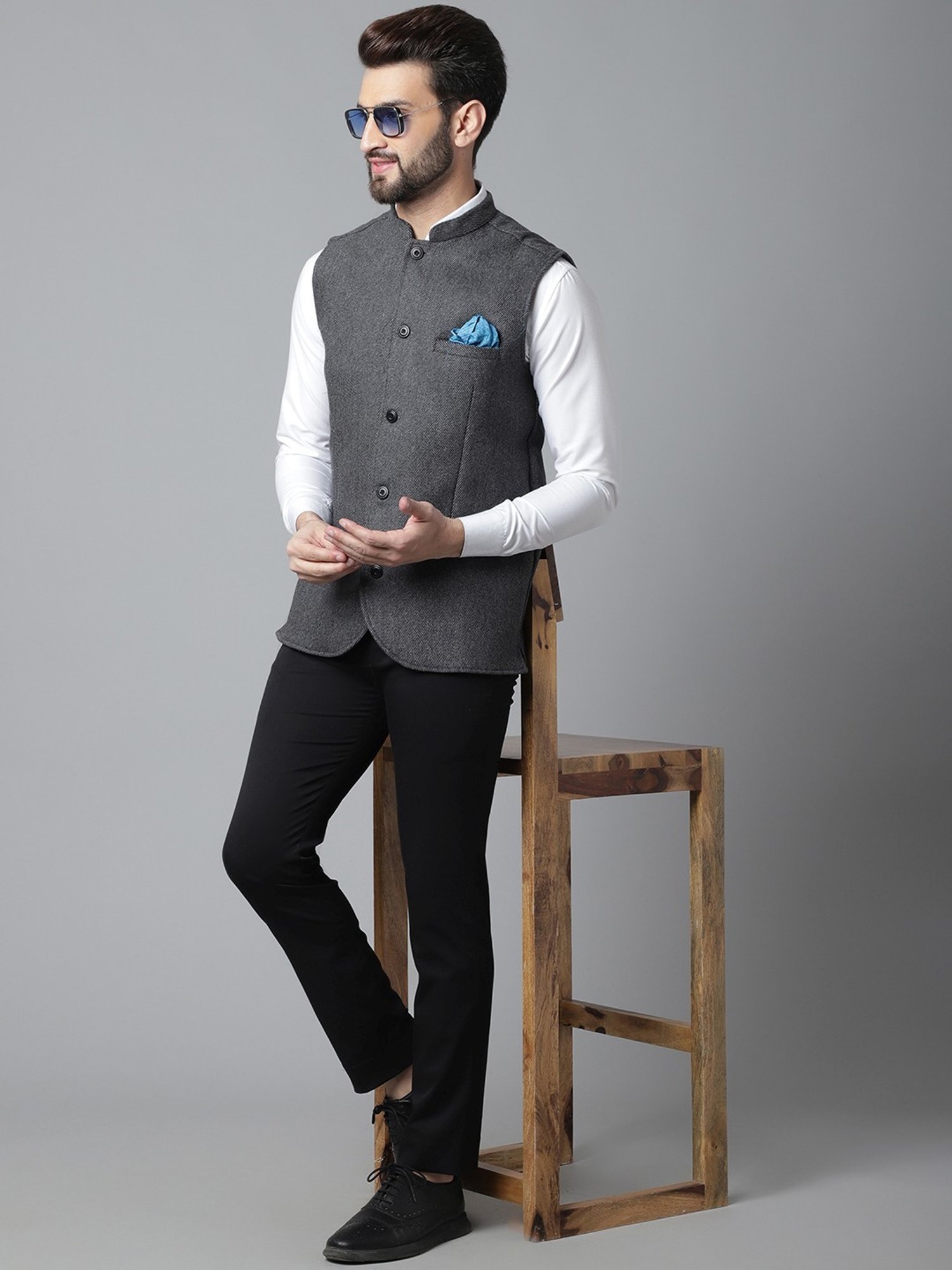 Even Grey Regular Fit Texture Nehru Jacket