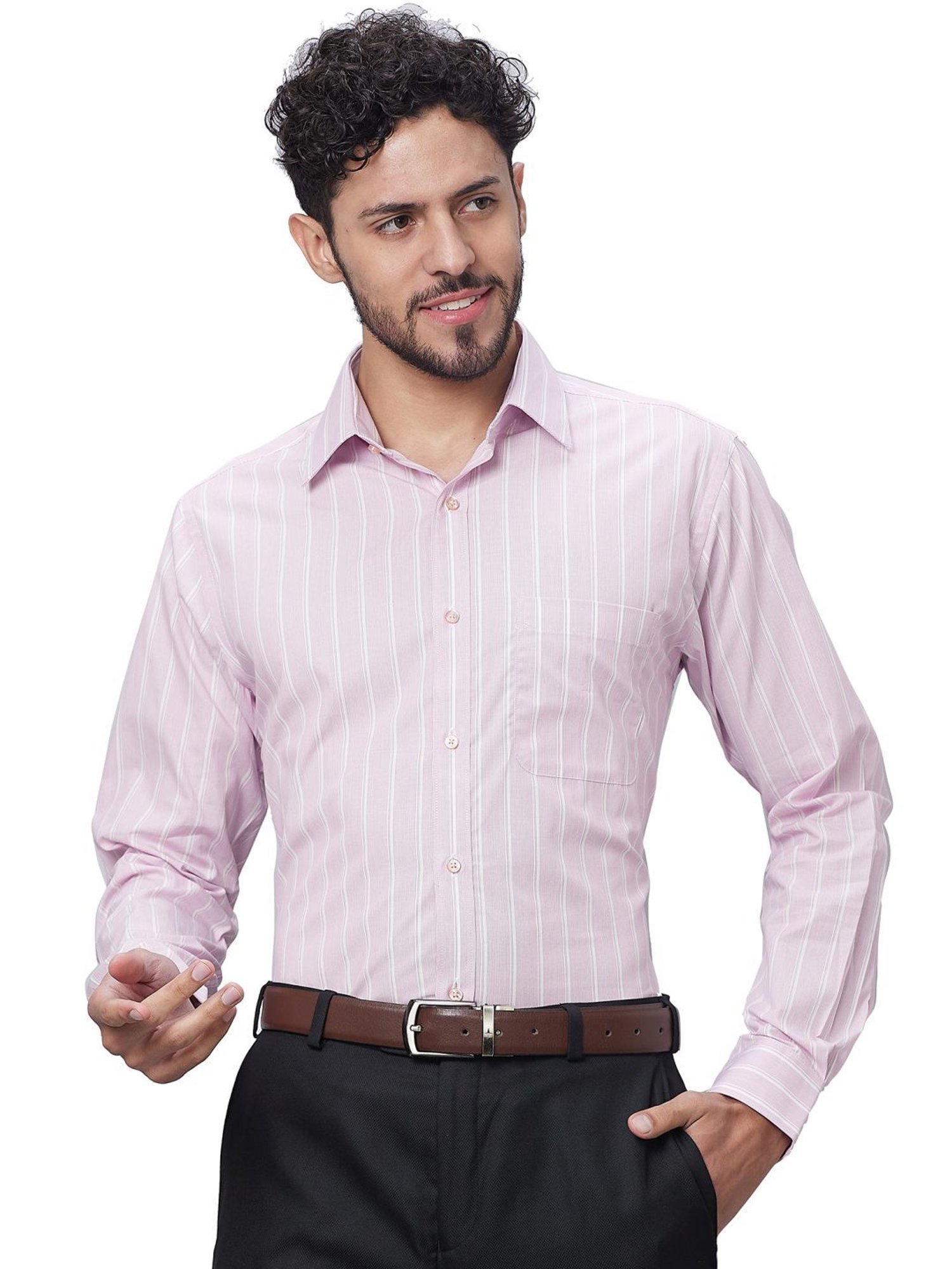 Raymond Red Cotton Slim Fit Striped Shirt
