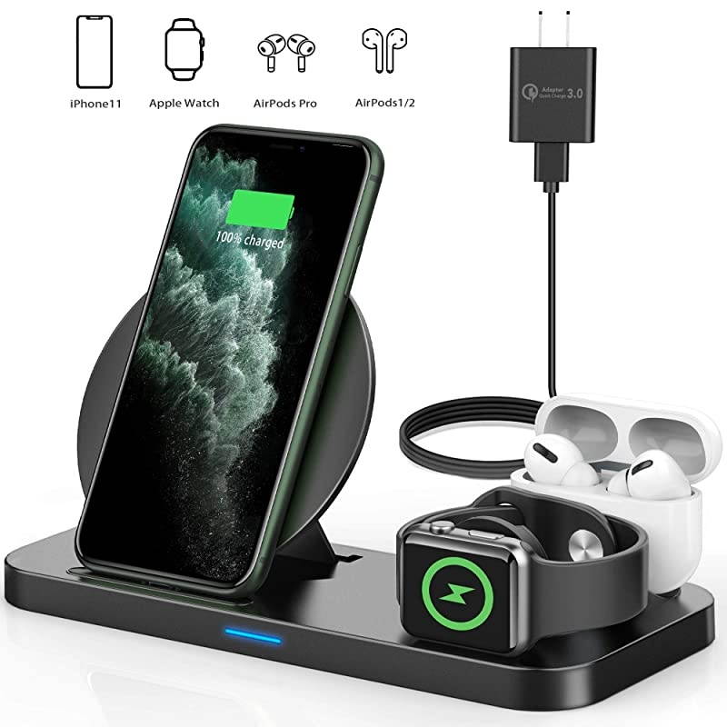 3 in 1 Wireless Charging Station for Apple Products Compatible with Apple Watch Series Se 6 5 4 3 2, AirPods Pro 2, Fast Wireless Charger Stand Dock for iPhone 12, 11 Pro Max, 11, XR, XS, X