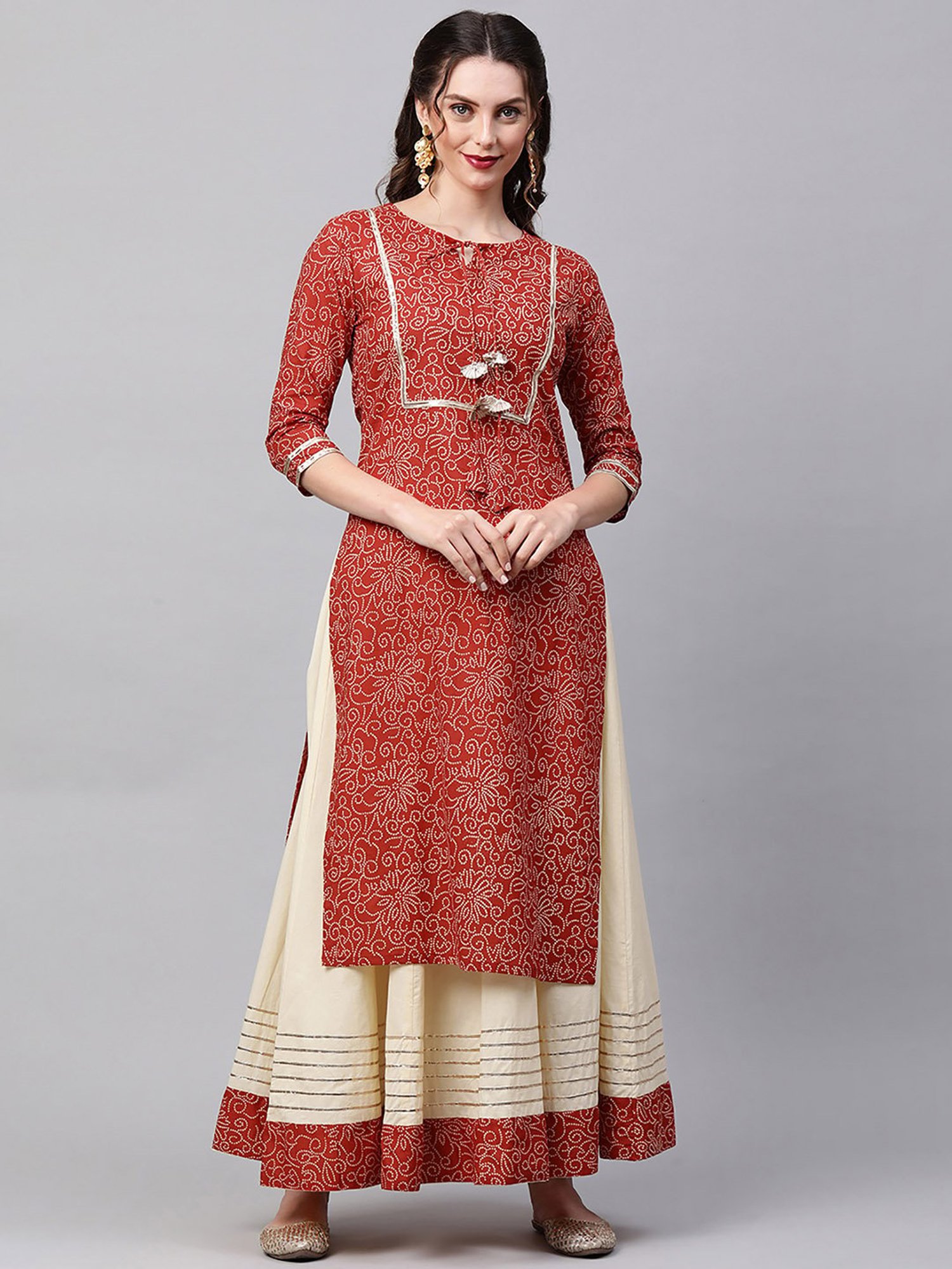 Indo Era Red & Cream Bandhani Kurta Skirt Set
