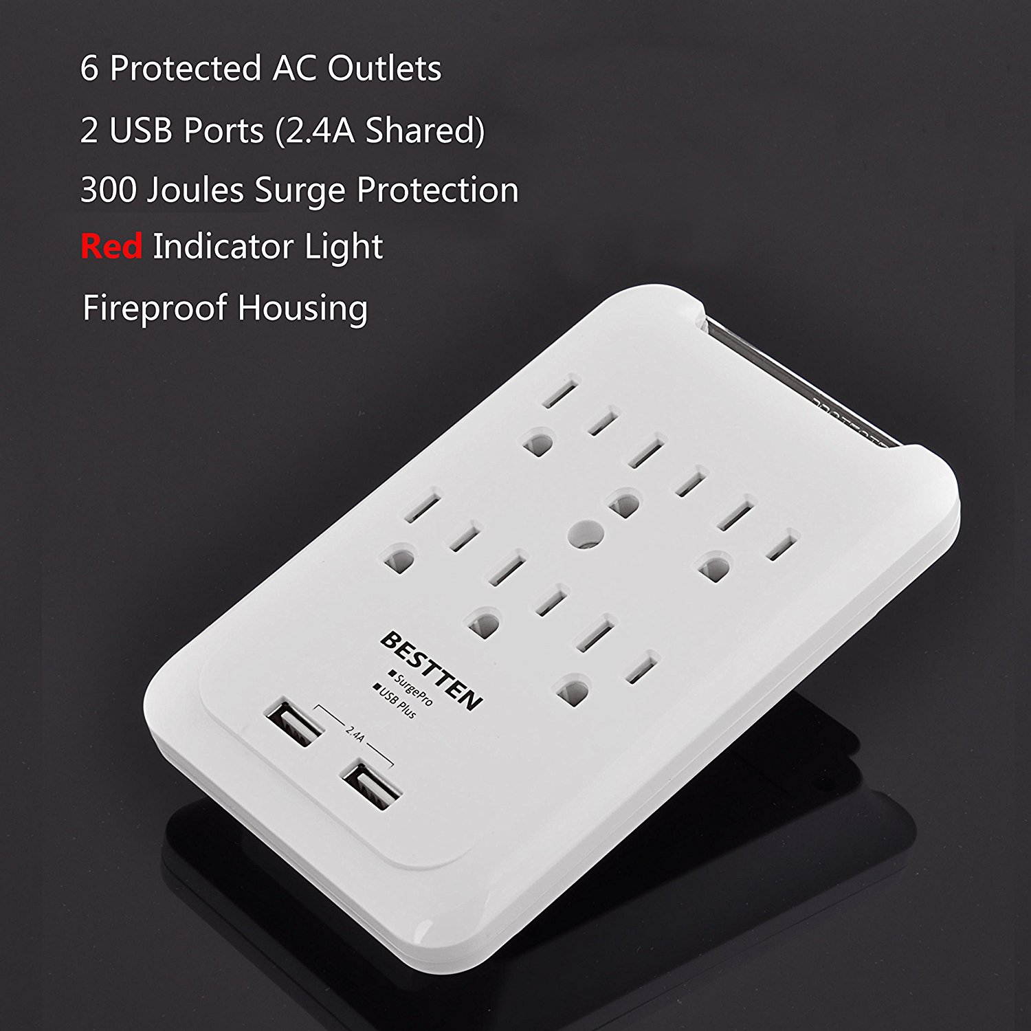 BESTTEN 6 Outlet Wall Tap Adapter, Mountable Surge Protector with Dual USB Charging Ports (2.4A Totally) and 6 AC Plugs, ETL Certified, White