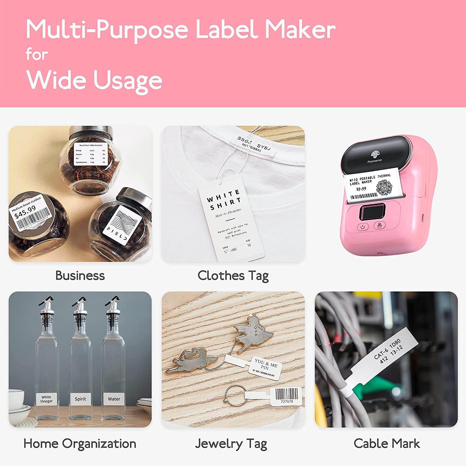 M110 Wireless Thermal Label Printer Portable Bluetooth Label Maker Machine Barcode Printer for iPhone and Android Phones