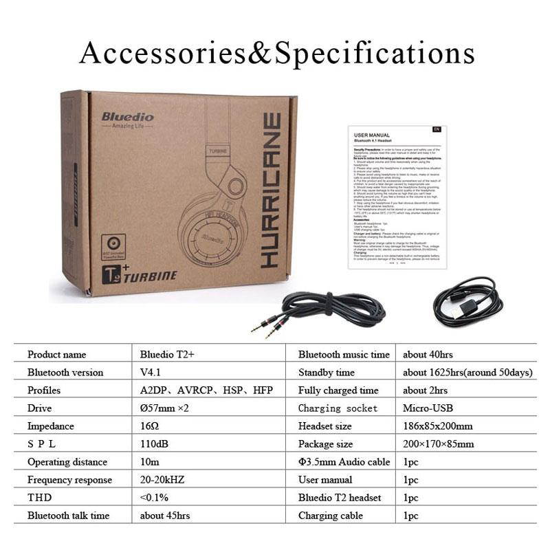 Bluedio T2+ Wireless Bluetooth Headphones with Microphone for Mobile Phone - White