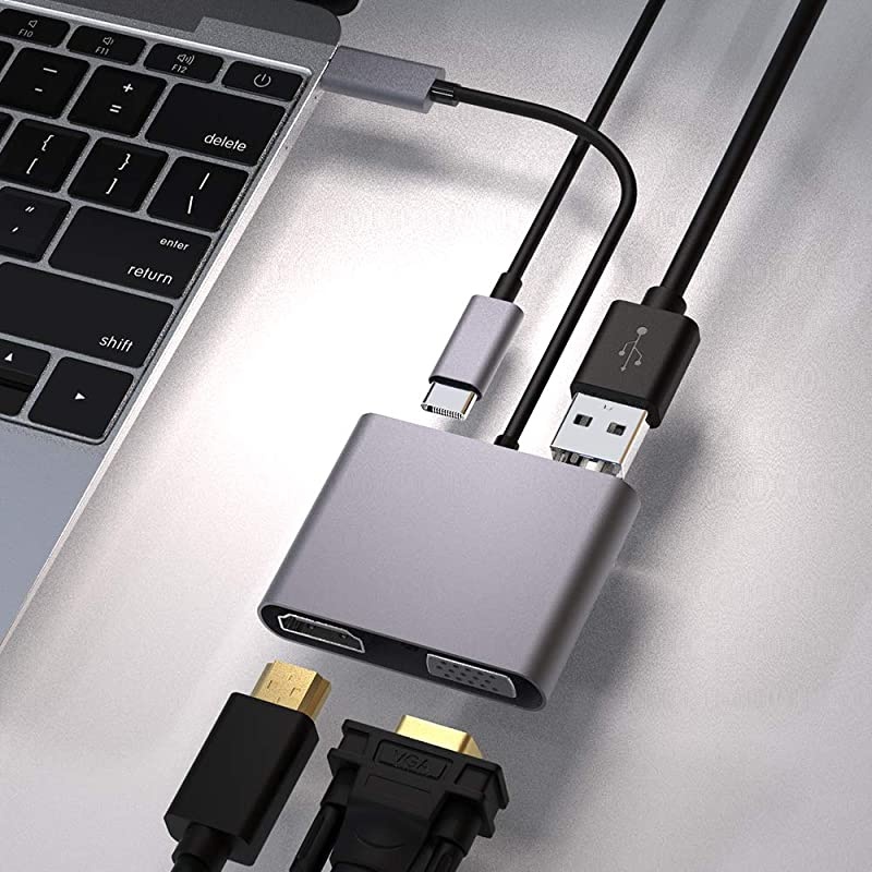 USB C to HDMI VGA Adapter USB Type C Hub with 4K HDMI 1080P VGA PD Charging USB 30 4 in 1 Type C Multiport Converter for MacBook ProiPad ProGoogle PixelBookDell XPS