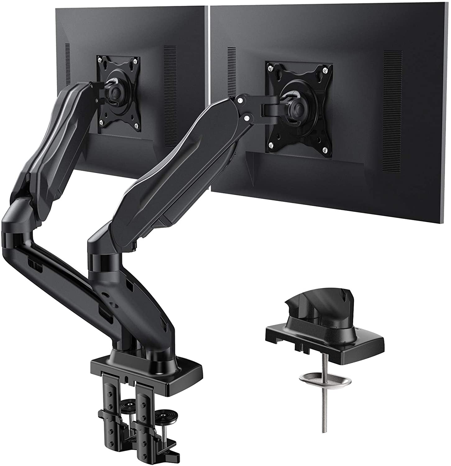 Dual Monitor Stand - Adjustable Spring Monitor Desk Mount Swivel Vesa Bracket with C Clamp, Grommet Mounting Base for 17 to 27 Inch Computer Screens - Each Arm Holds 4.4 to 14.3lbs