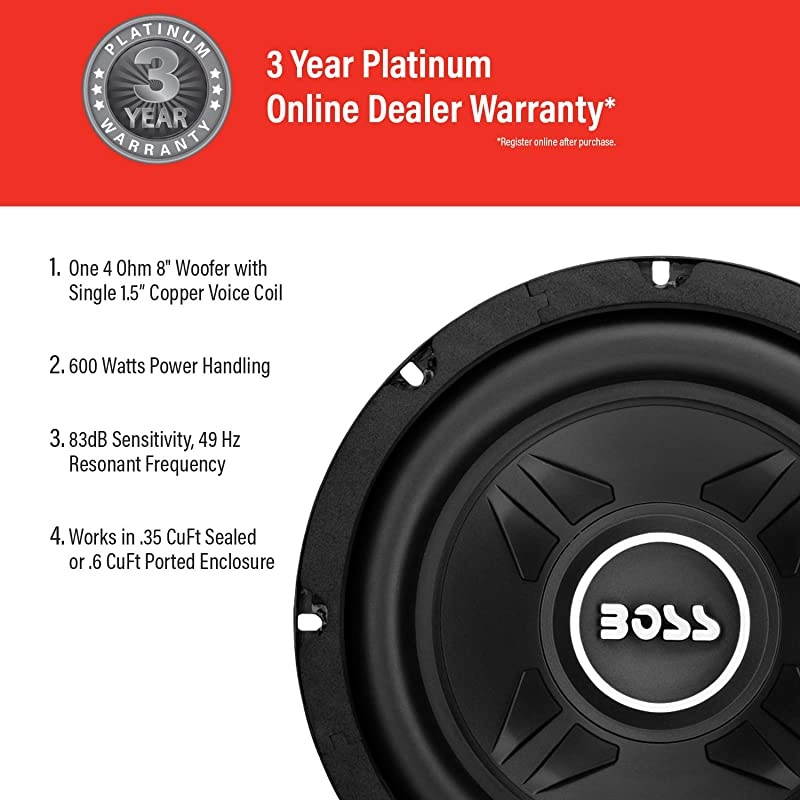 CXX8 8 Inch Car Subwoofer 600 Watts Maximum Power Single 4 Ohm Voice Coil Easy Mounting Sold Individually