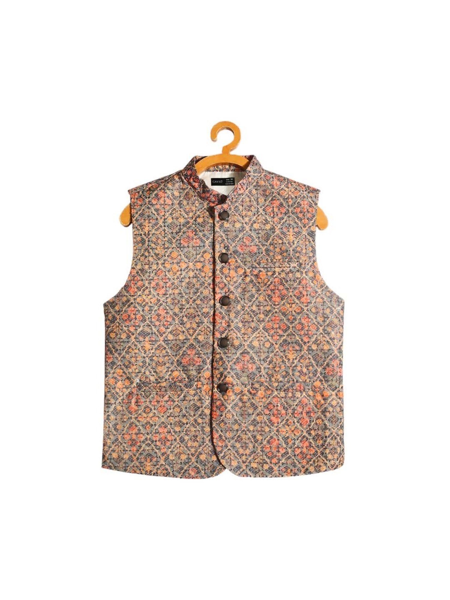 Cavio Kids Grey & Peach Cotton Embroidered Nehru Jacket