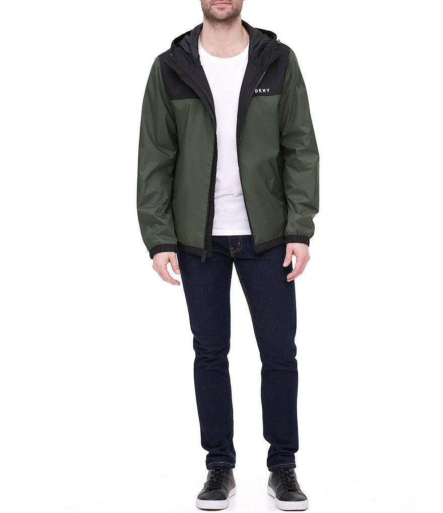 DKNY Long-Sleeve Mixed-Media Color-Block Hooded Rain Slicker