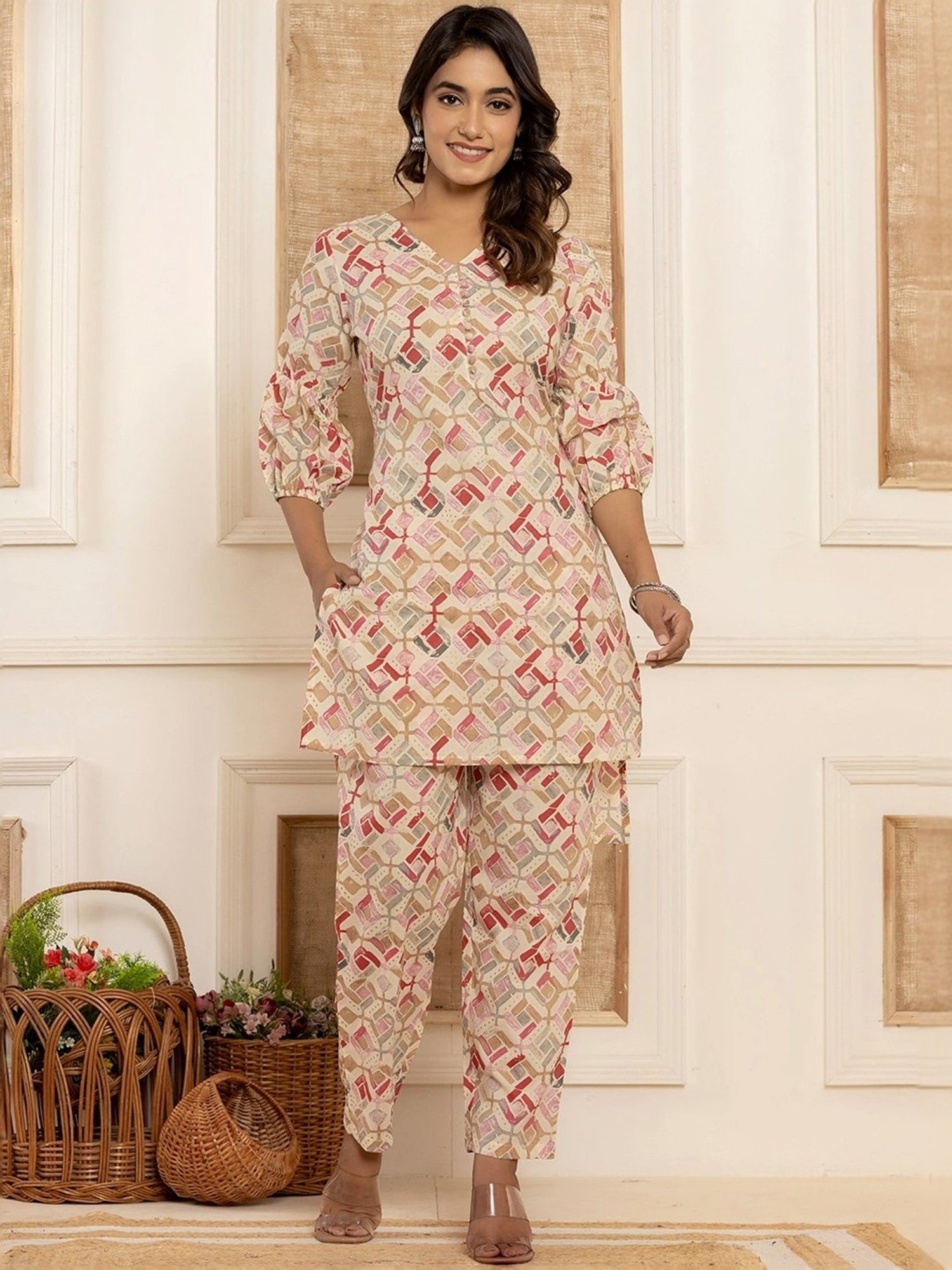 Yufta Cream Cotton Printed Tunic Pants Sets