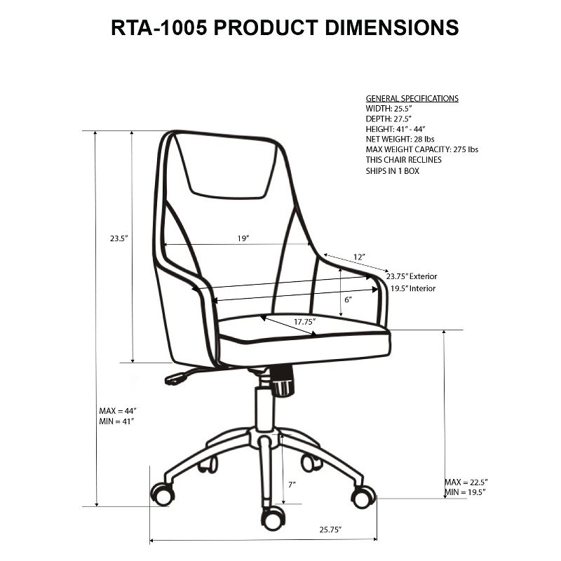 Comfy Height Adjustable Rolling Office Desk Chair- Gray- Techni Mobili