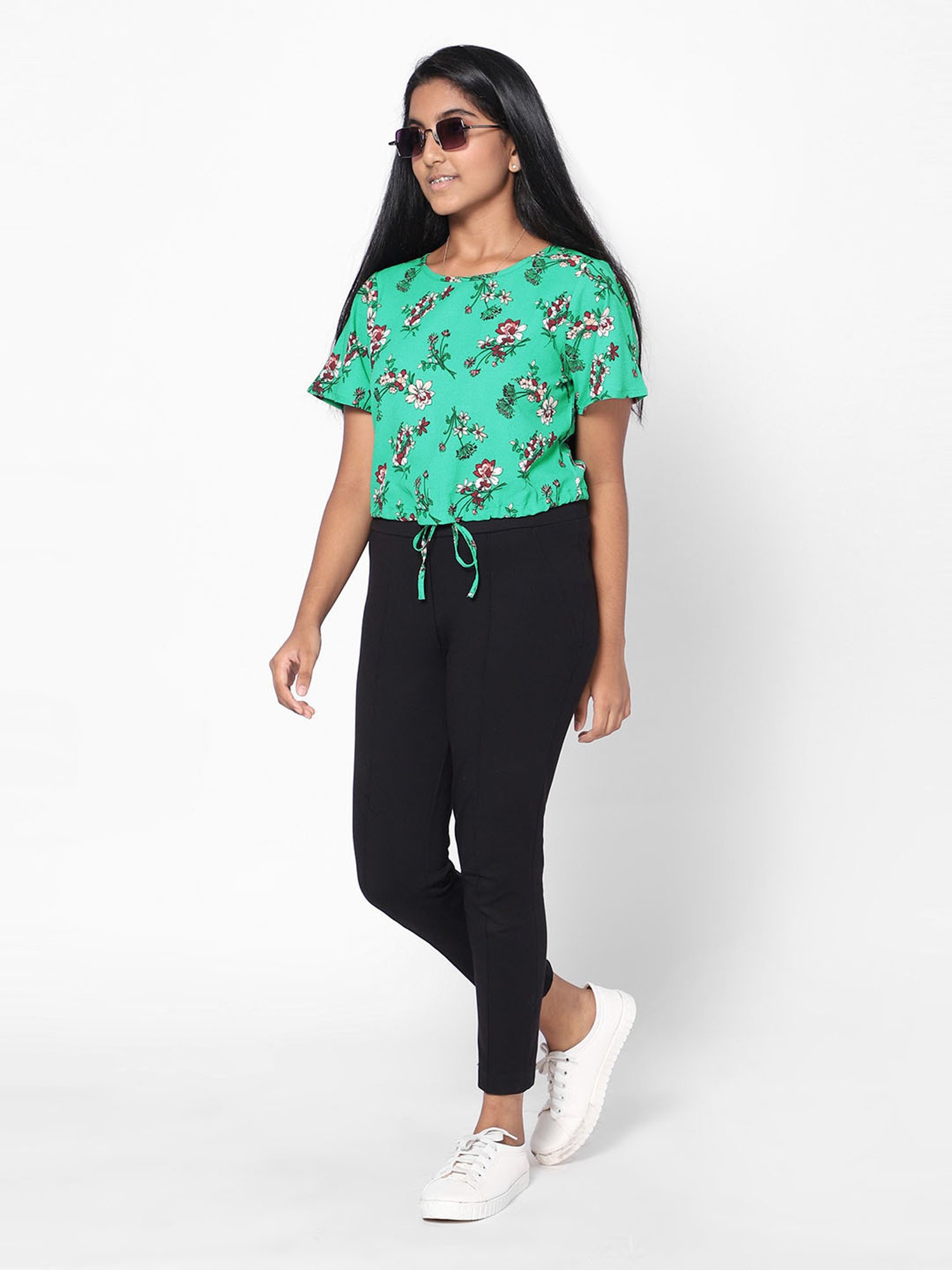 TeenTrums Girls Green Floral Print Top