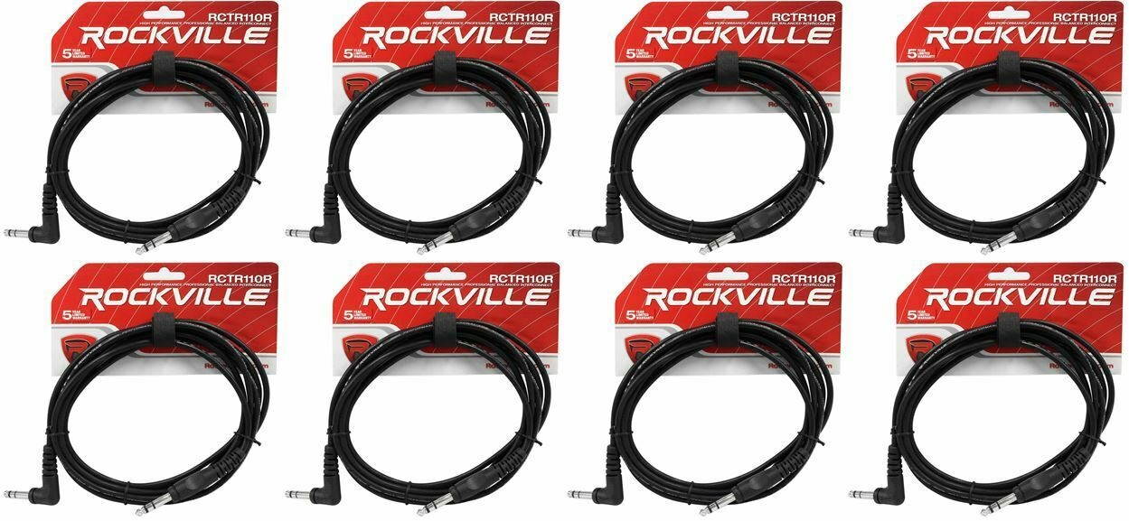 8 Rockville RCTR110R-B 10' 1/4" TRS Right Angle - 1/4" TRS Straight Cable
