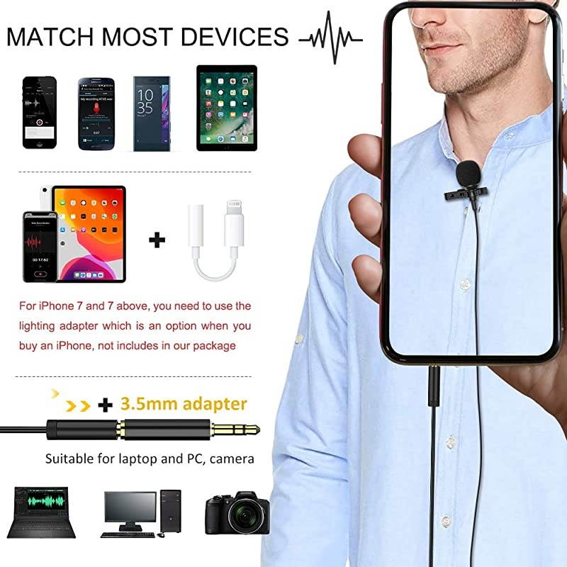 Lavalier Lapel Microphone 787 Omnidirectional Condenser Noise Cancelling Mic with 984 Extended Cable for iPhone Android DSLR Camera Computer YouTube Interview Studio Video