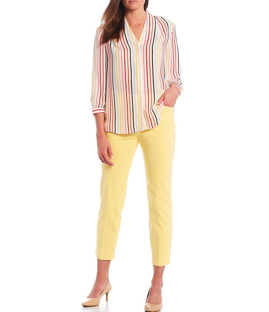 Investments V-Neck 3/4 Sleeve Stripe Button Front Top