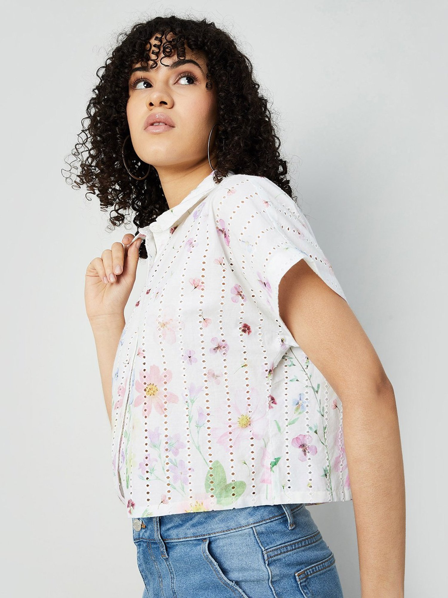 Ginger by Lifestyle White Cotton Self Design Crop Top