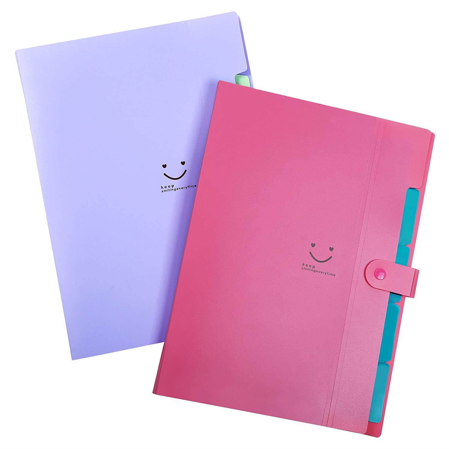 Phyxin Expanding File Folder Office Organizer Document Accordion Folder clipboard Letter Size A4 with 5 Pockets Plastic Set of 2, Purple Fuchsia