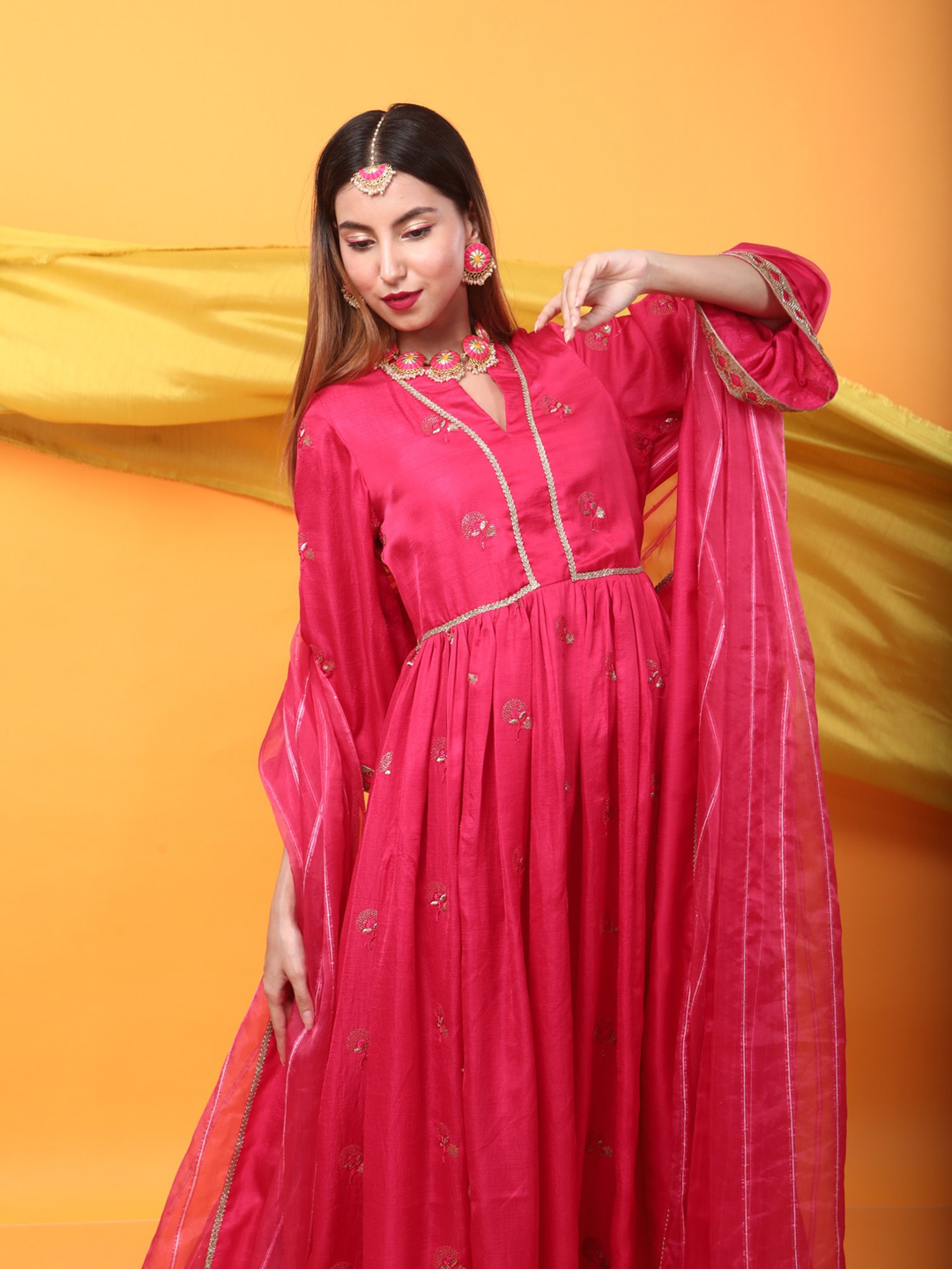 Monk & Mei Zunera Long Anarkali Kurta with Dupatta Set-Fuchsia Pink