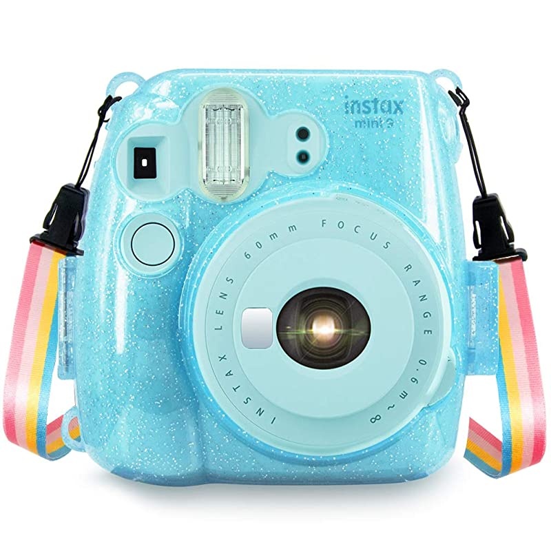Crystal Camera Case w Adjustable Rainbow Shoulder Strap Compatible with Fujifilm Mini 8 Mini 8+ Mini 9 Camera, Blue Crystal