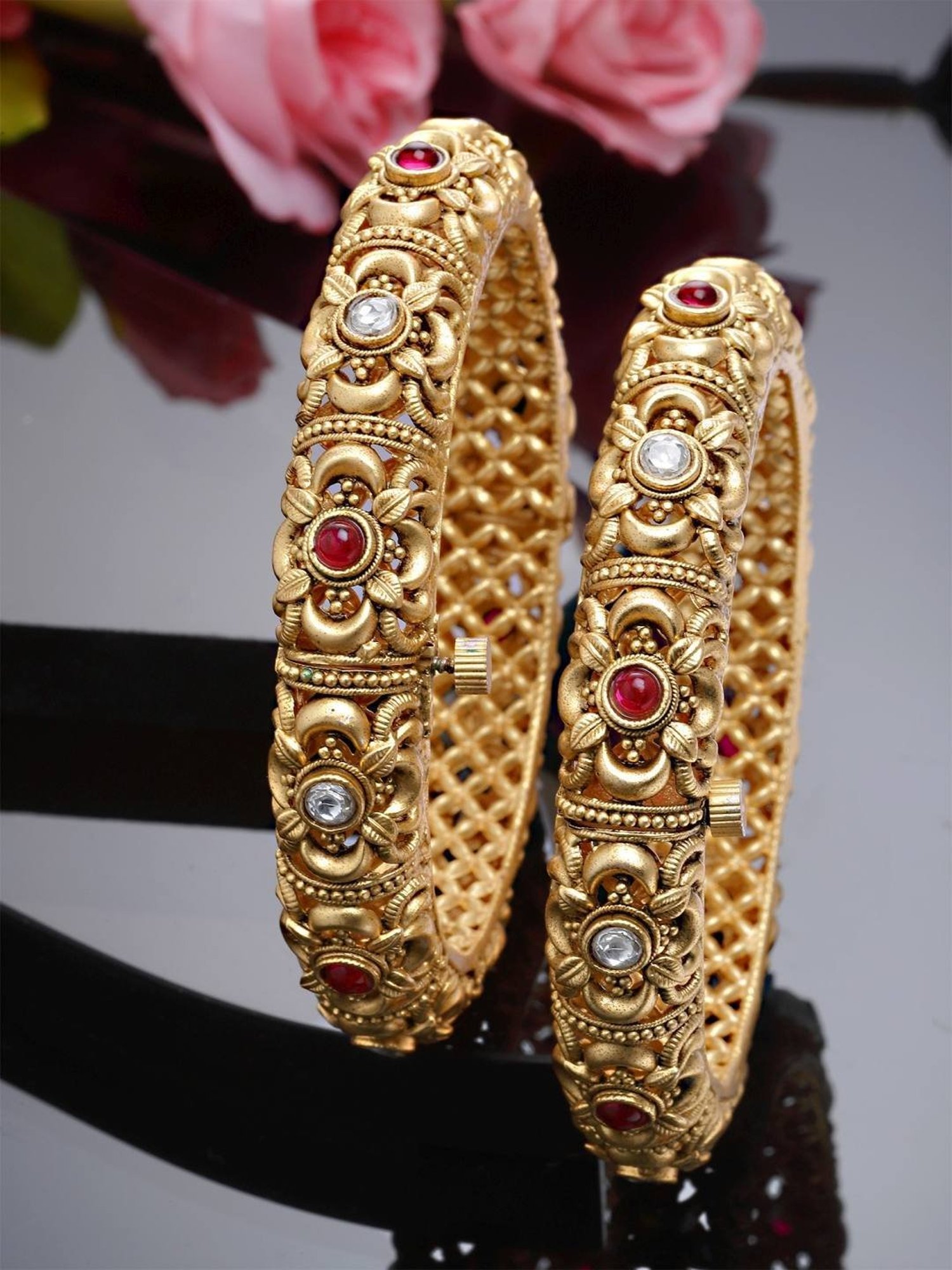 Karatcart Rajwadi Antique Gold-Plated Floral Rajwadi Temple Bangles for Women - Set of 2