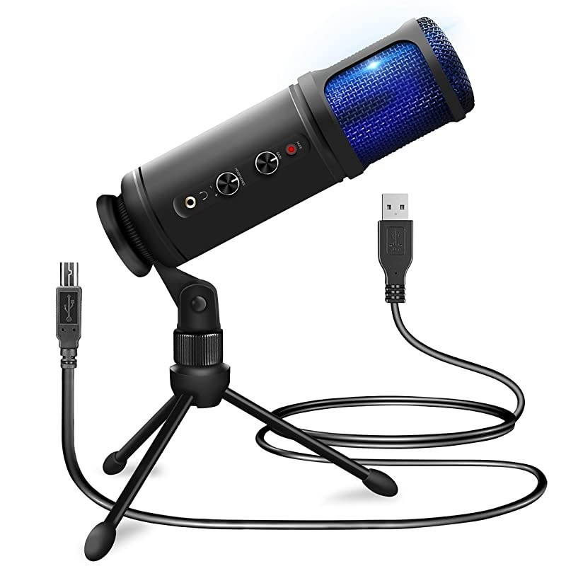 USB PC Recording Condenser Microphone Blue LED Adjustable Gain Headphone Jack Mute Control Tripod Stand Portable Pro Audio Condenser Desk Mic for Podcast Streaming Gaming  PDMIUSB50