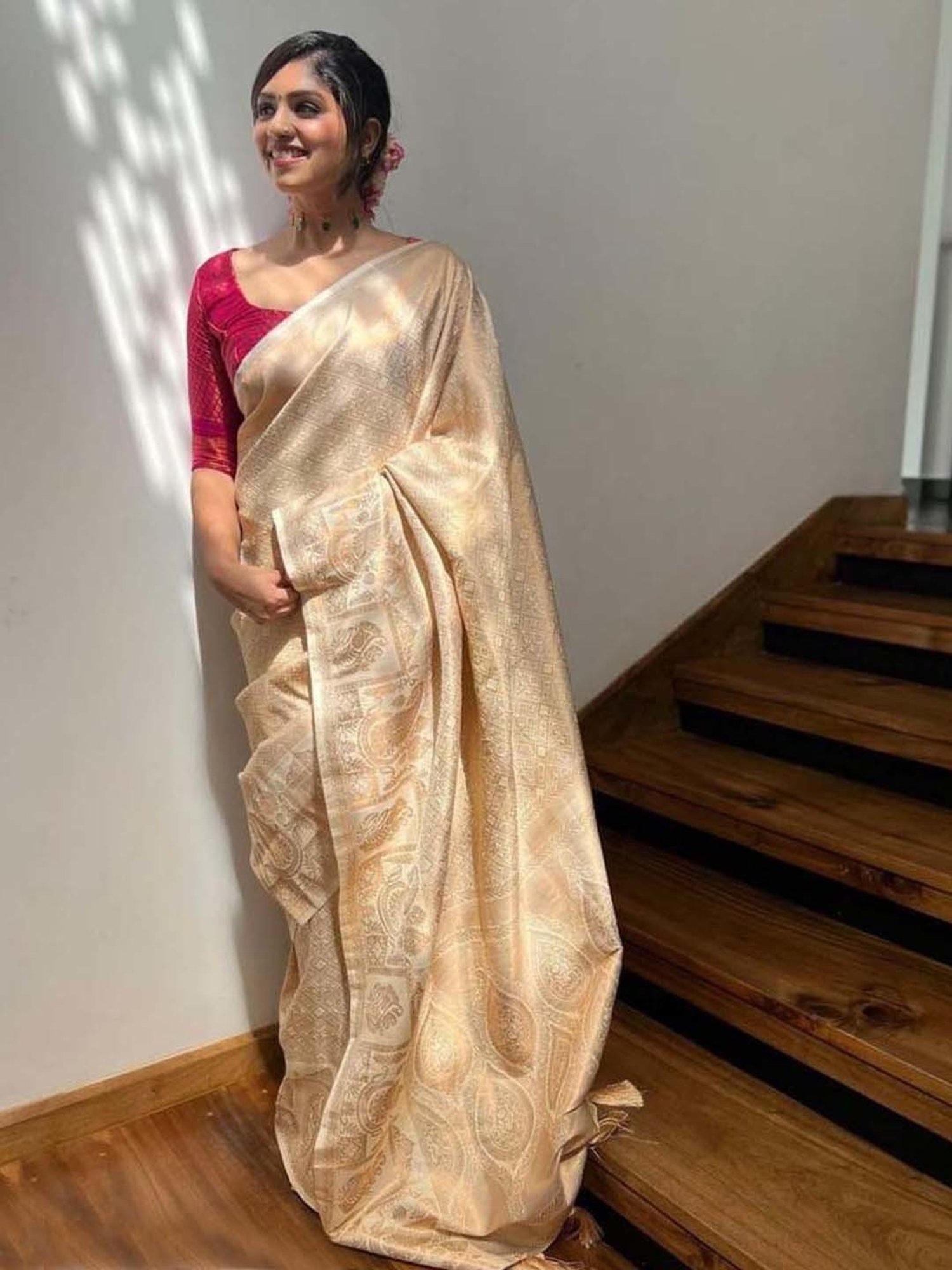 SHUBHKALA Beige Silk Woven Saree With Unstitched Blouse