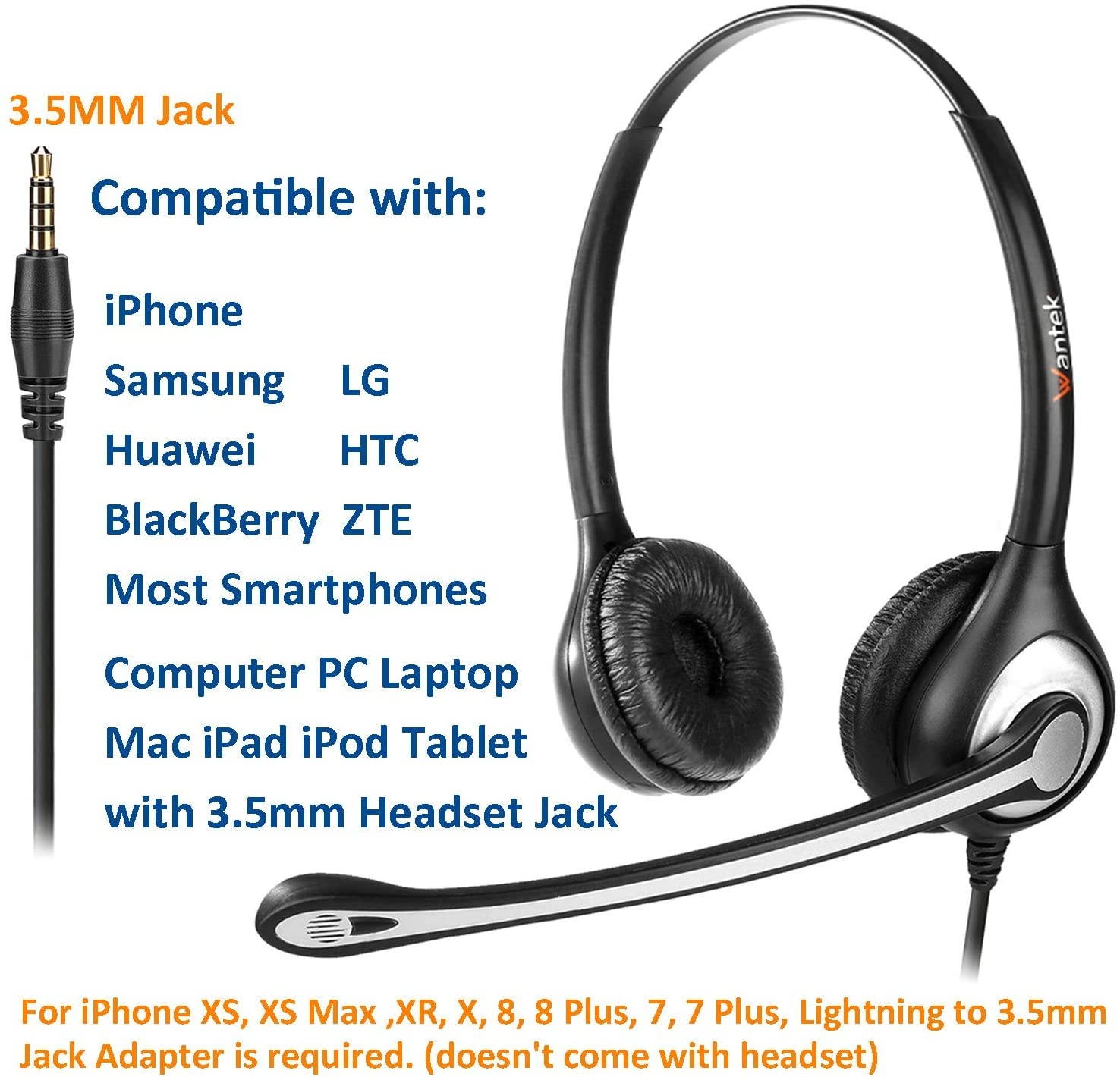 Wantek Wired Cell Phone Headset Dual with Noise Canceling Mic 3.5mm Phone Headset for iPhone Samsung Galaxy Huawei HTC LG ZTE BlackBerry Mobile Phone iPad Tablet Laptop Mac PC Skype(F602J35)
