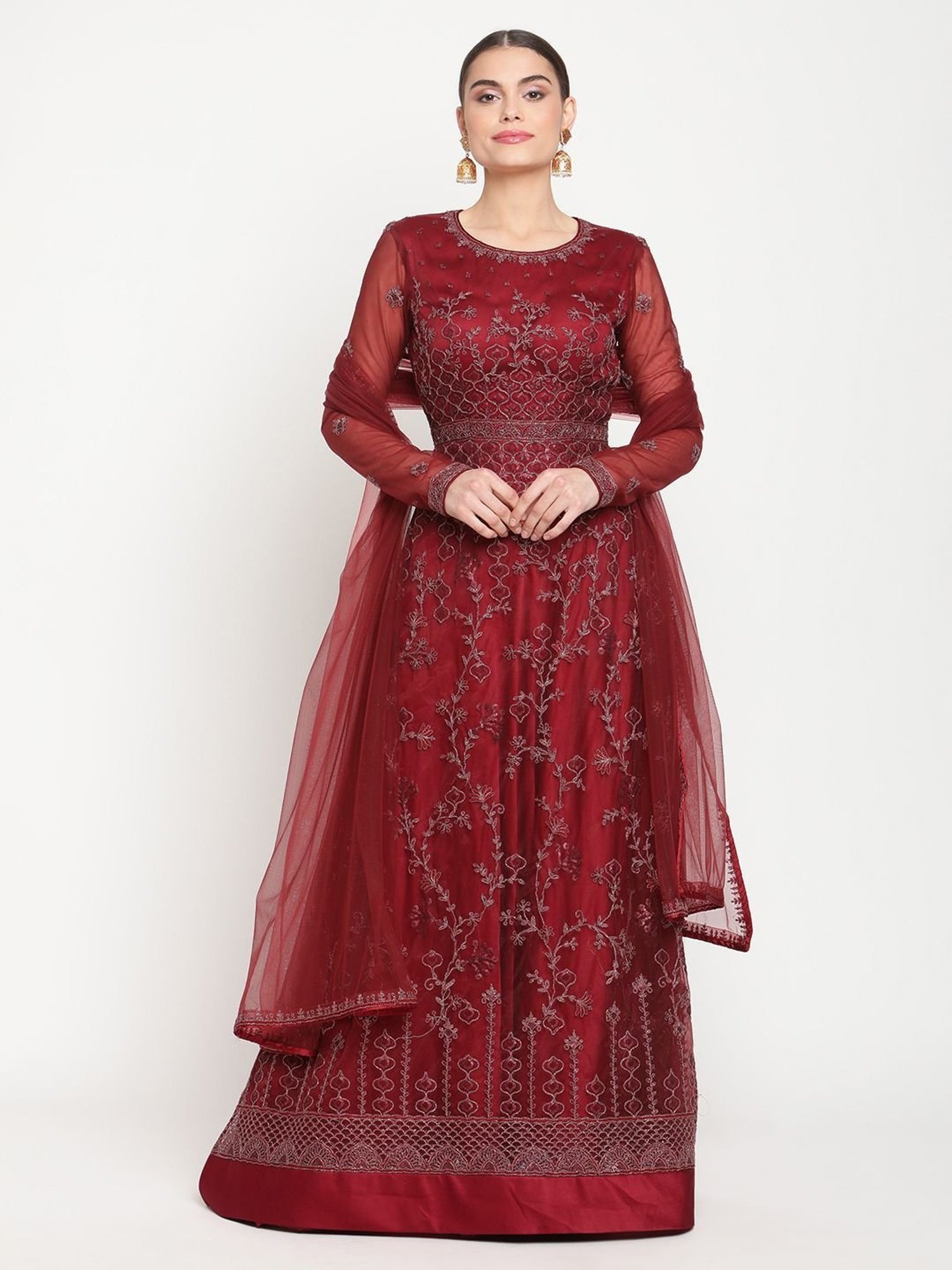Stylee LIFESTYLE Maroon Embroidered Unstitched Dress Material