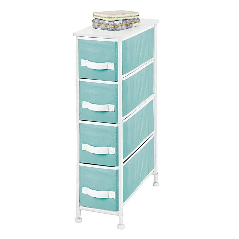 Narrow Vertical Dresser Storage Tower - Sturdy Metal Frame, Wood Top, Easy Pull Fabric Bins - Organizer Unit for Bedroom, Hallway, Entryway, Closet, 4 Drawers - Turquoise/White