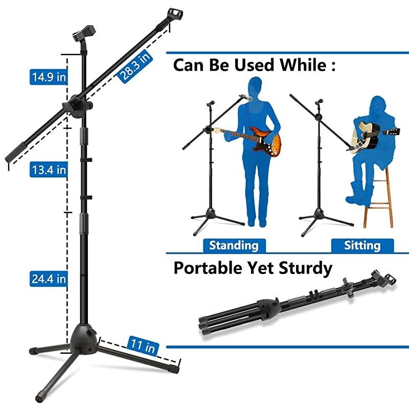 Microphone Stand Heavy Duty Adjustable Collapsible Tripod Boom Mic Stands with 2 Mic Clip Holders for Performance Karaoke Singing Speech Wedding Stage and Outdoor Activity Black
