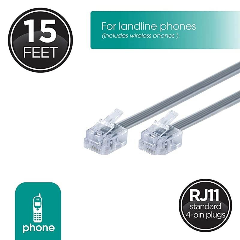 Telephone Line Cord 15 Feet Phone Cord Modular Jack Ends Works for Phone Modem or Fax Machine for Use in Home or Office Satin 30056