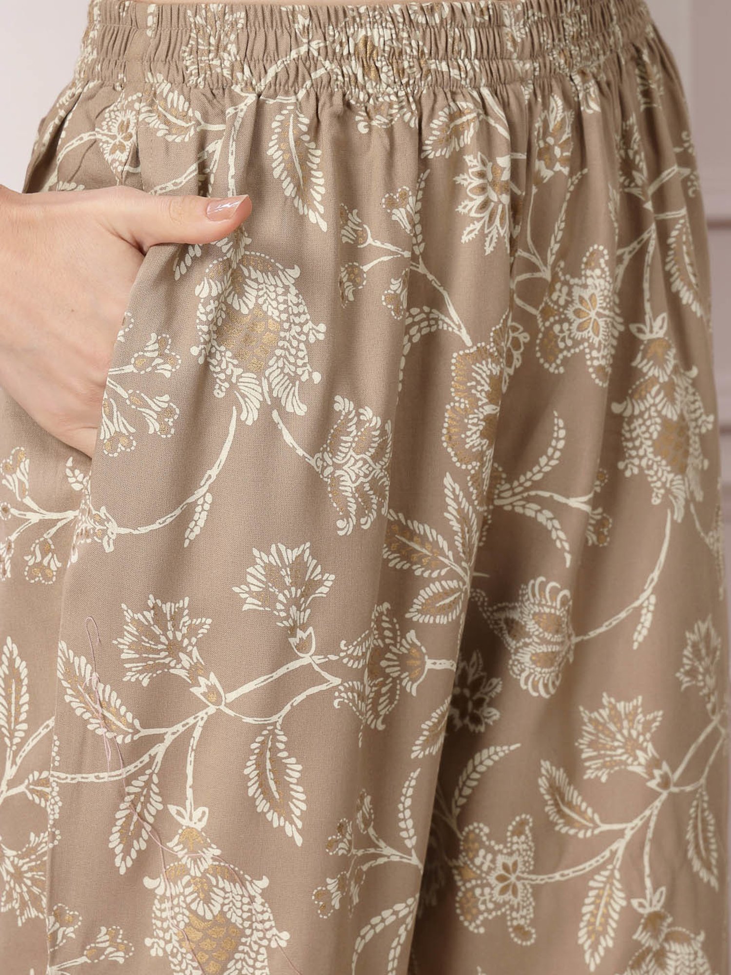 Stylum Beige Rayon Floral Print Top & Pant Set