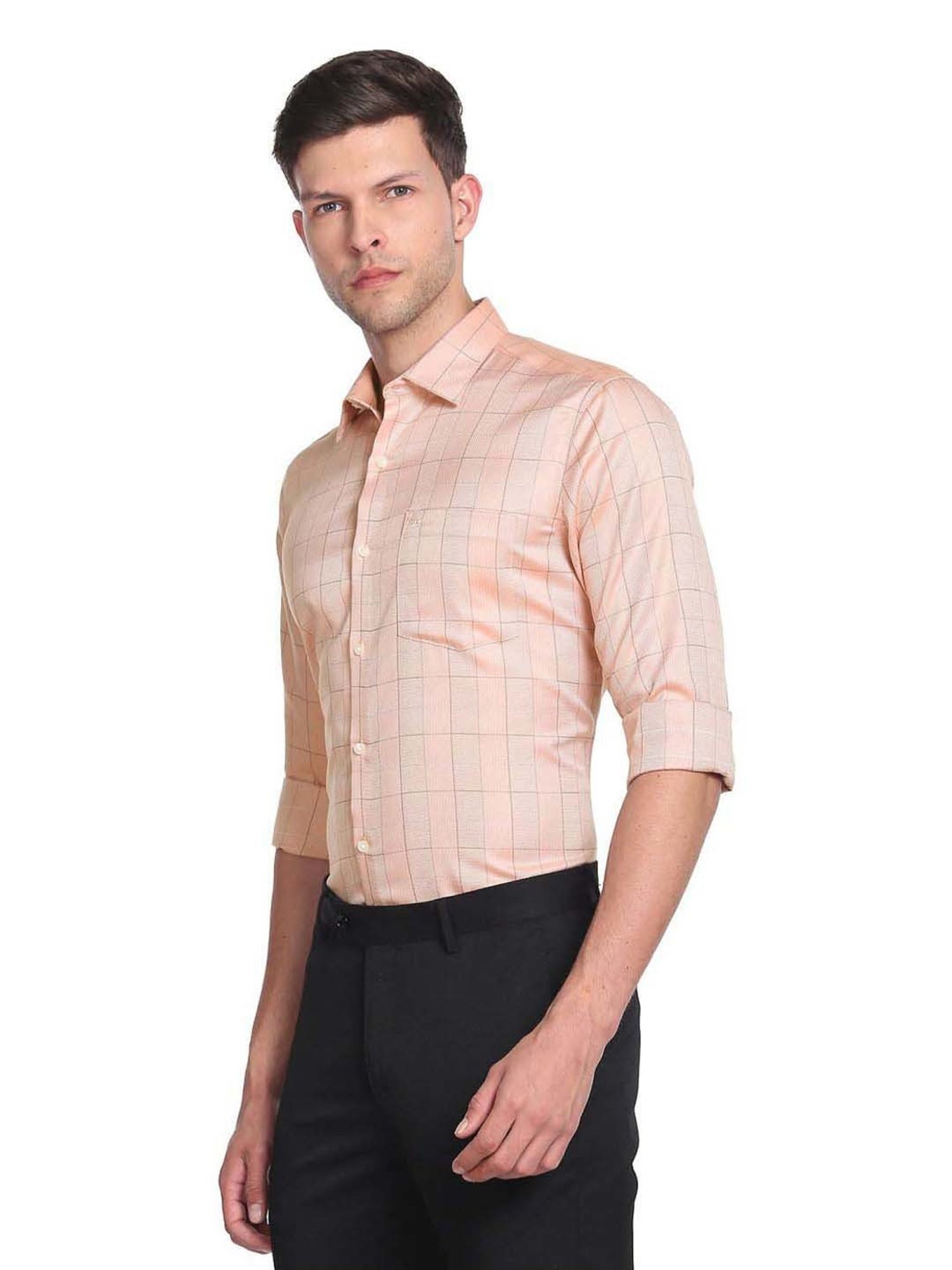 Arrow Orange Cotton Slim Fit Checks Shirt