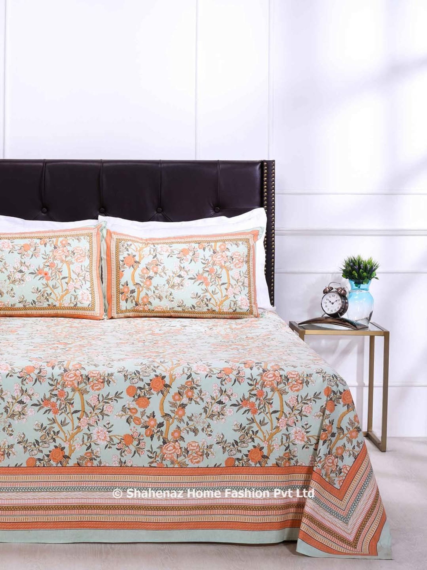 Shahenaz Green & Orange 120 TC Cotton Rama Kashvi Single Bedsheet with 1 Pillow Cover