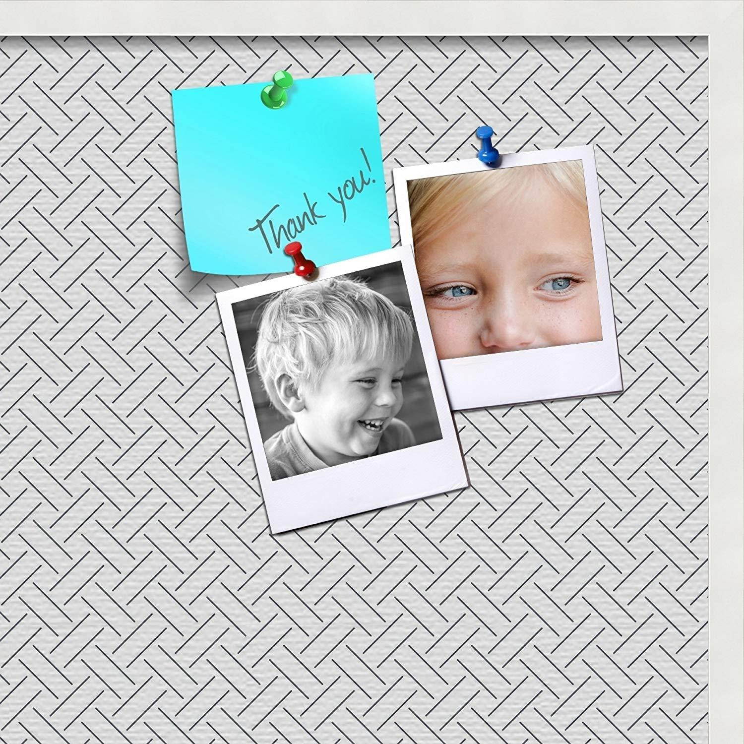 PinPix custom printed pin cork bulletin board made from canvas, Lattice White Navy 36x24 Inches 2 x 3 ft and framed in Satin White Frame (PinPix-Group-91)