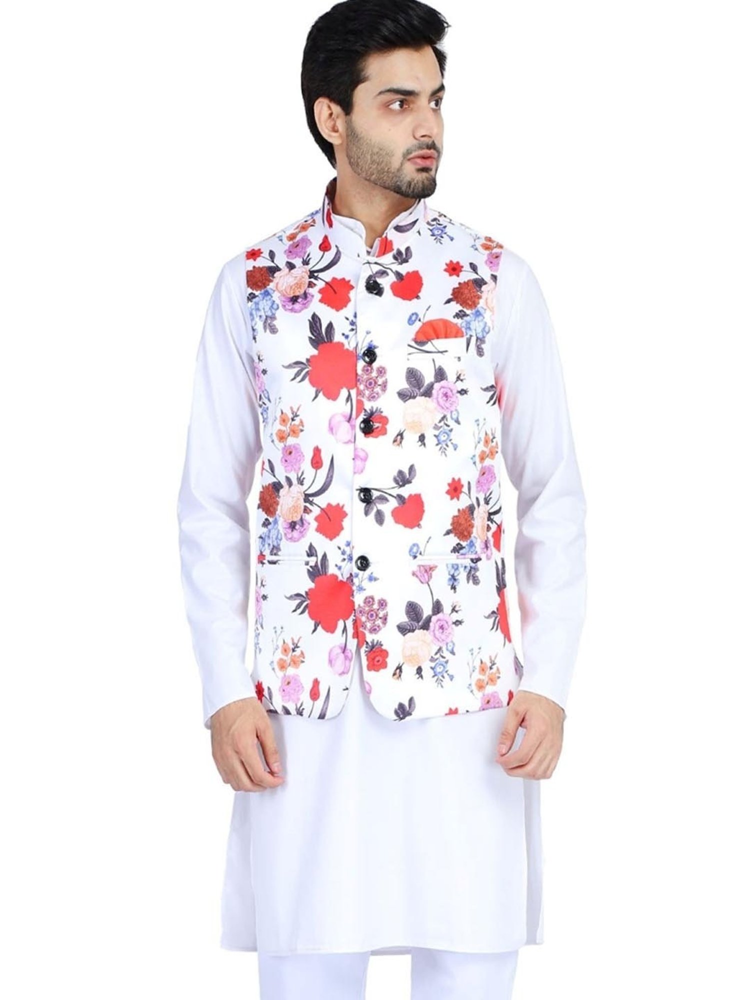 TAHVO White Cotton Slim Fit Floral Print Nehru Jacket