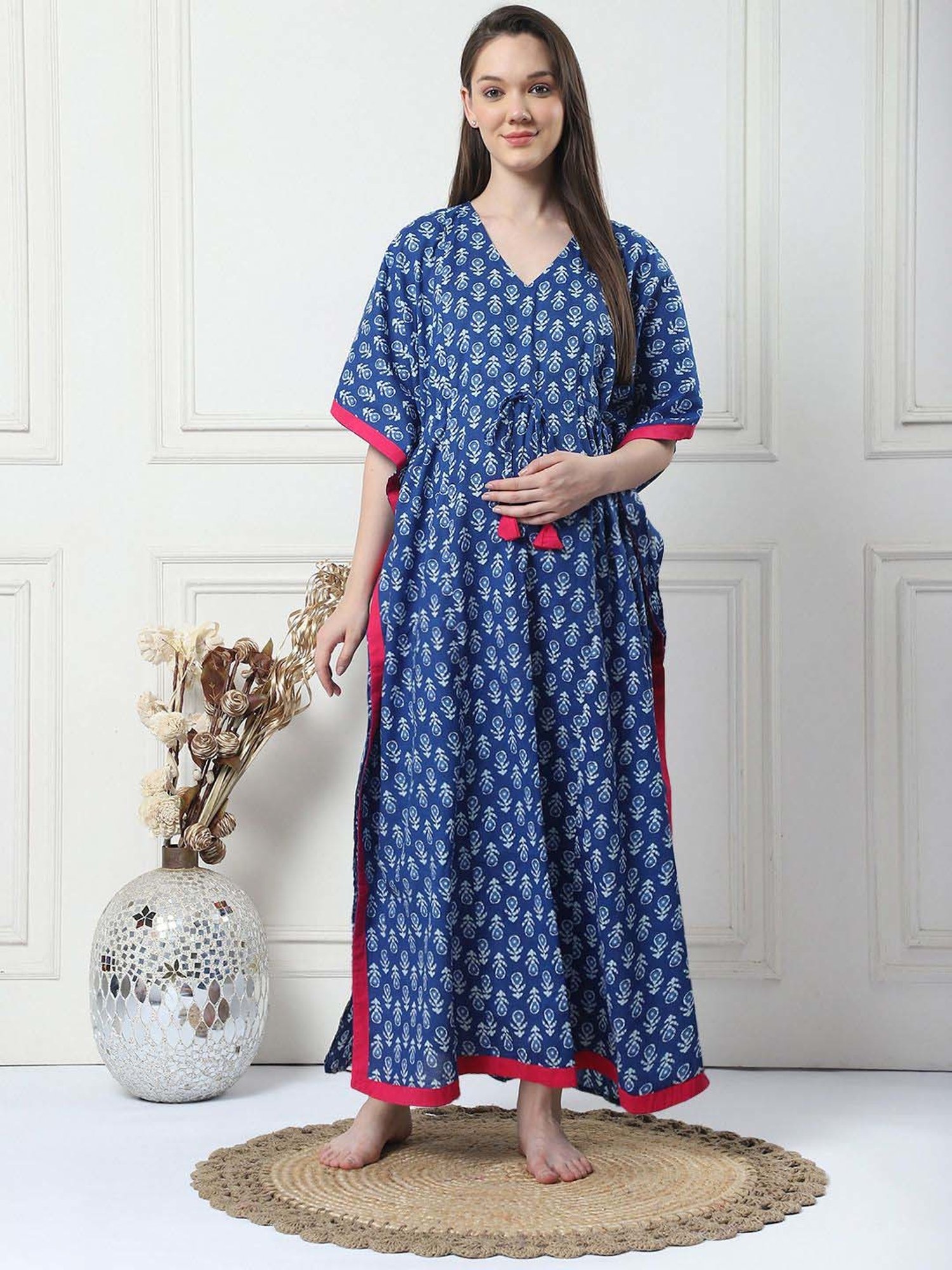 Secret Wish Navy Cotton Printed Straight Kaftan