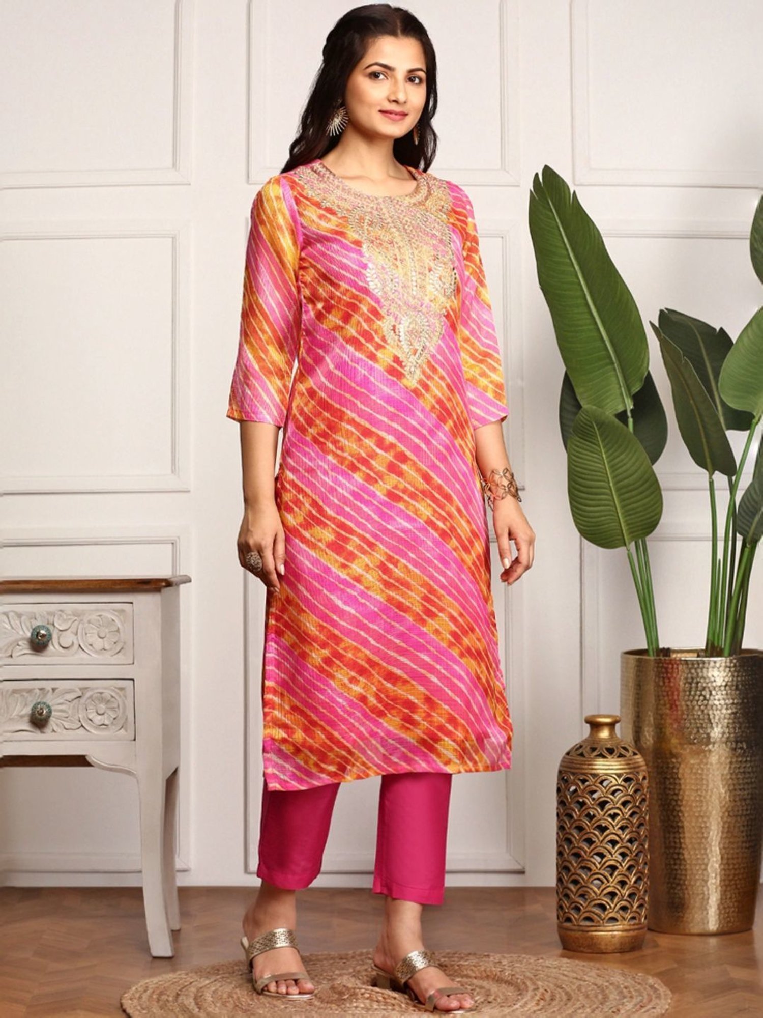 Ishin Pink Embroidered Kurta & Pants Set with Dupatta