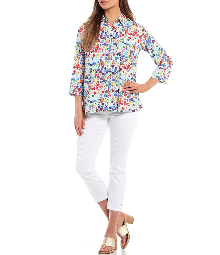 John Mark Colorful Dot Print Button Front Hi-Low Blouse