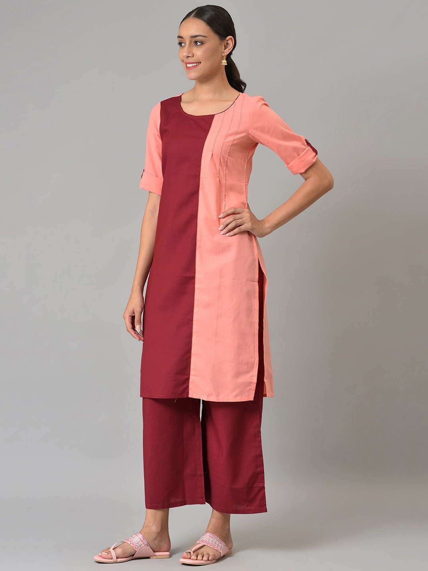 Aurelia Pink & Maroon Cotton Kurta Palazzo Set