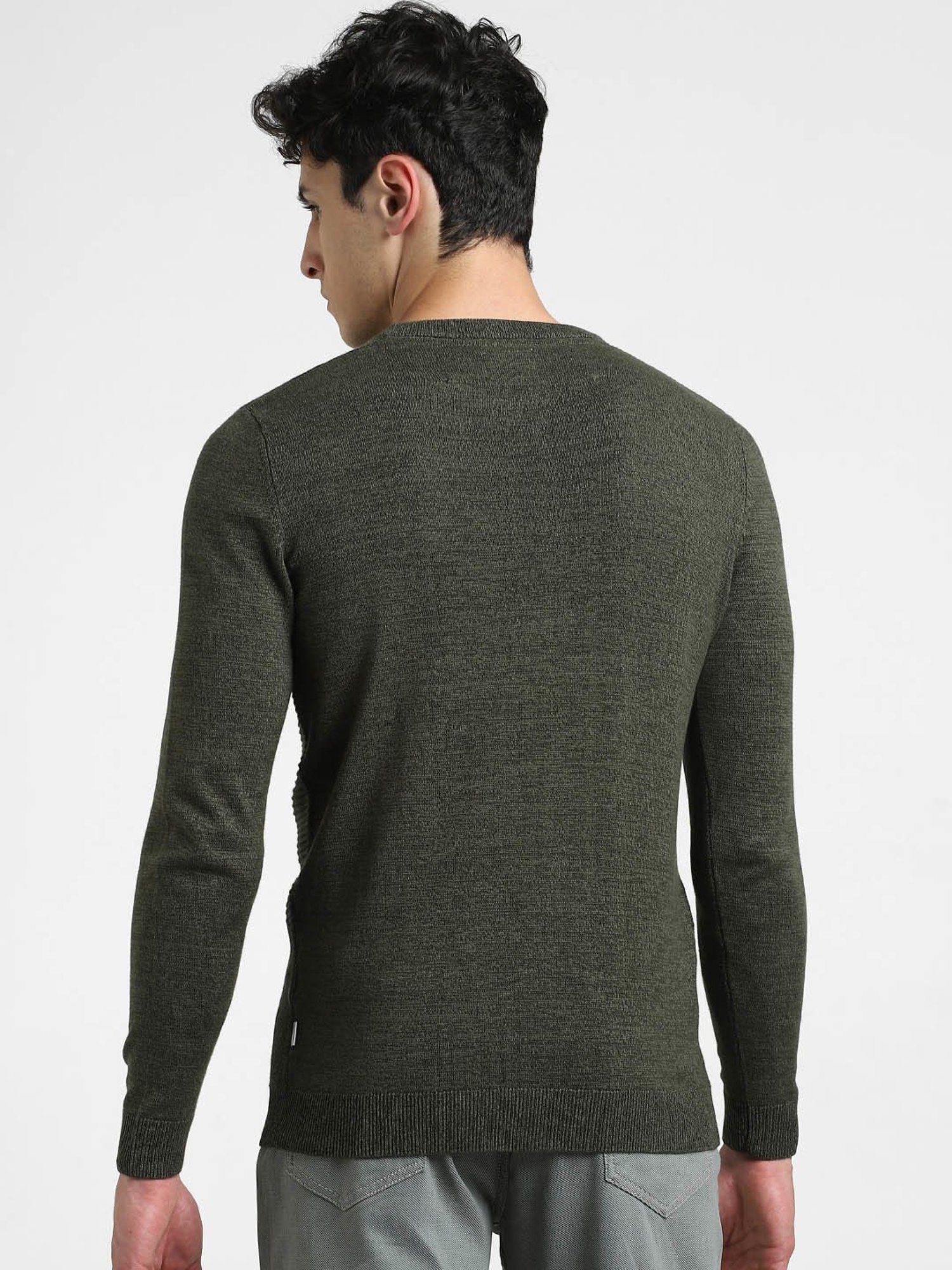 Jack & Jones Dusty Olive Slim Fit Textured Cotton Sweater