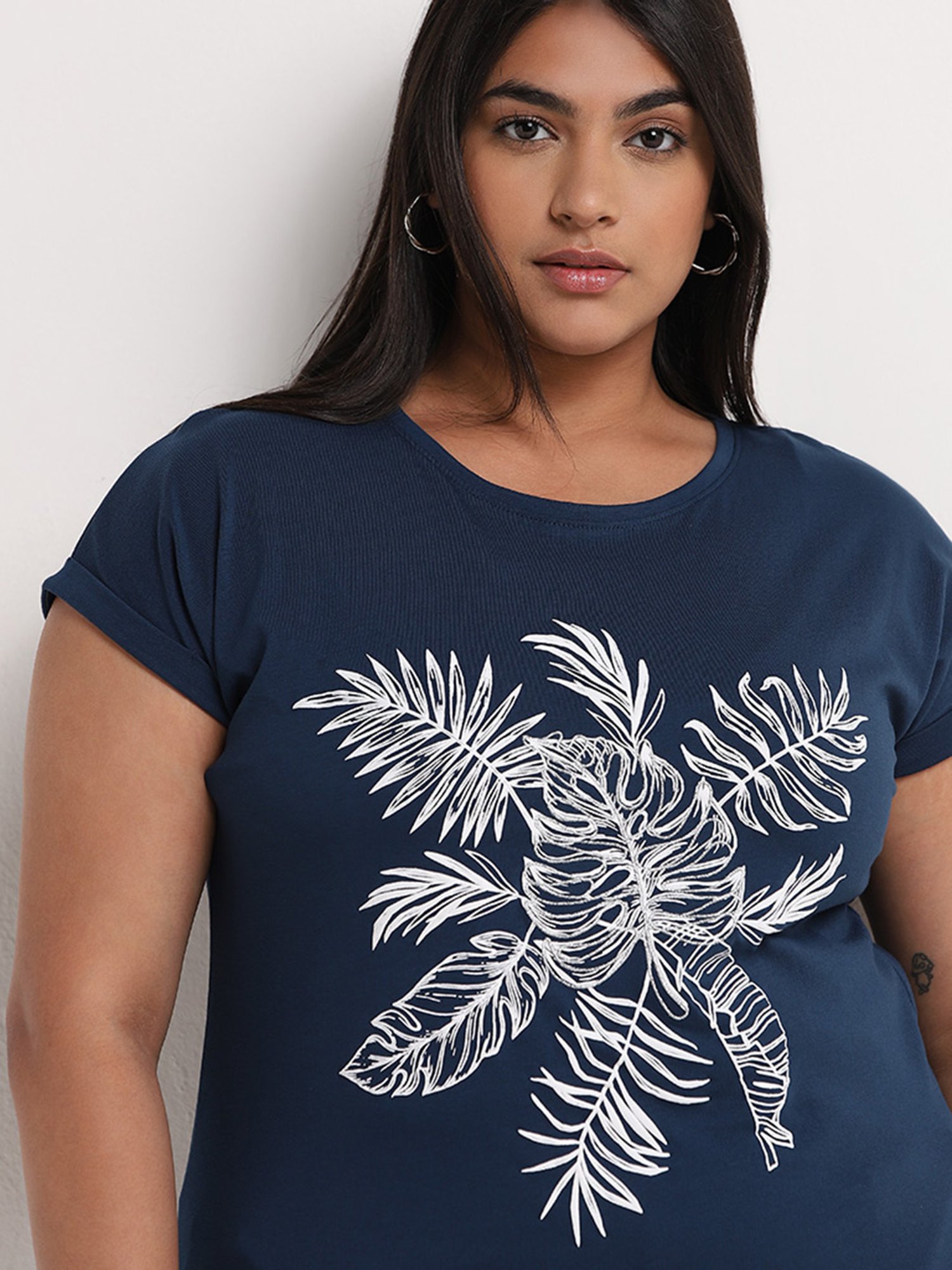 Gia by Westside Dark Blue Leaf Embossed Top