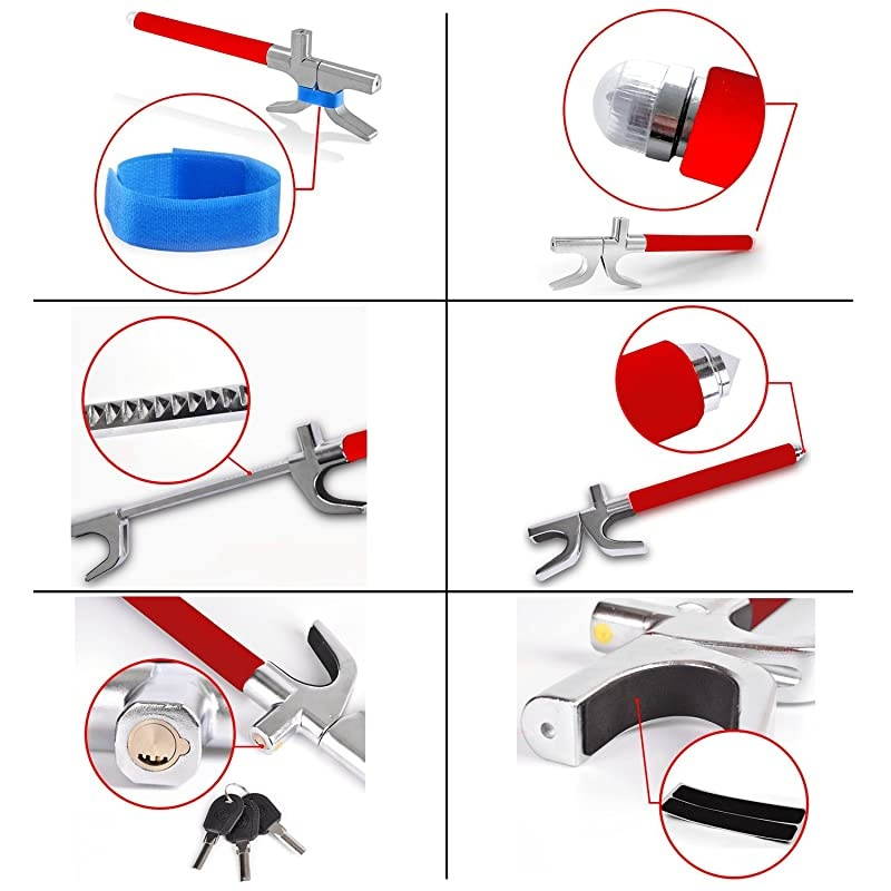 Steering Wheel Lock for Cars,Wheel Lock,Vehicle Anti-Theft Lock,Adjustable Length Clamp Double Hook Universal Fit Emergency Hammer Window Breaker Self Defense Heavy Duty Secure (Red)