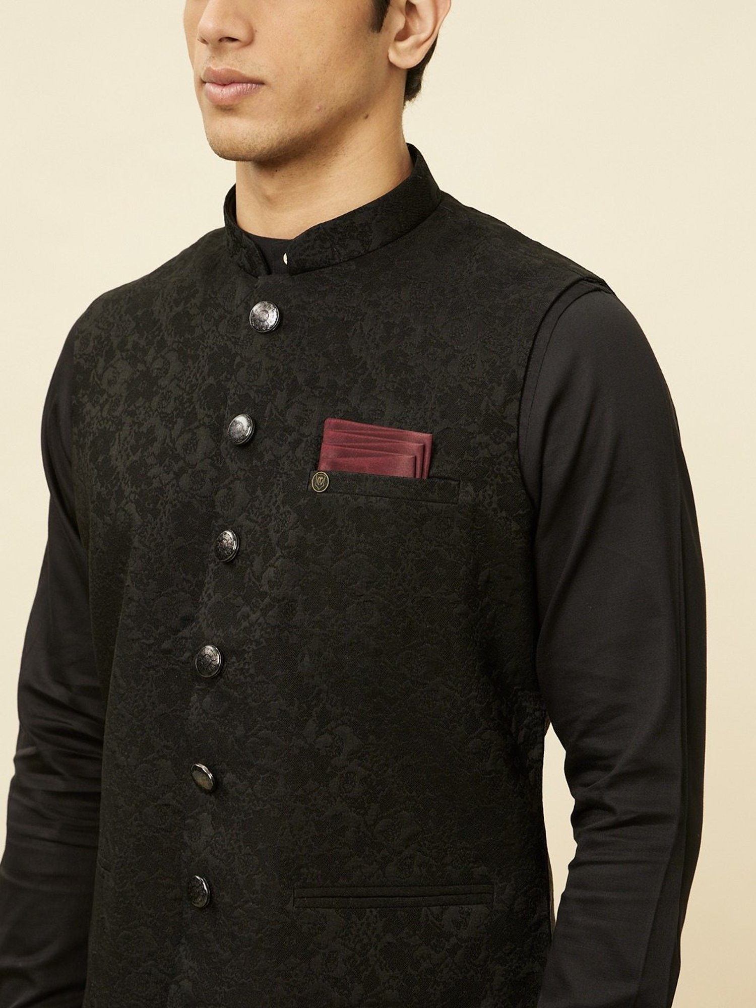 Manyavar Black Regular Fit Self Pattern Nehru Jacket
