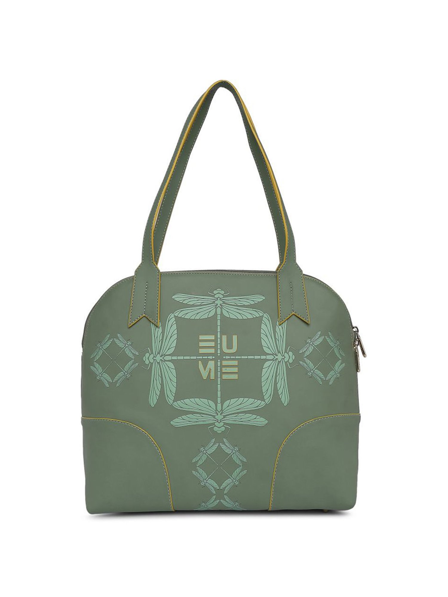Eume Dragonfly Basil Green Leather Printed Shoulder Handbag