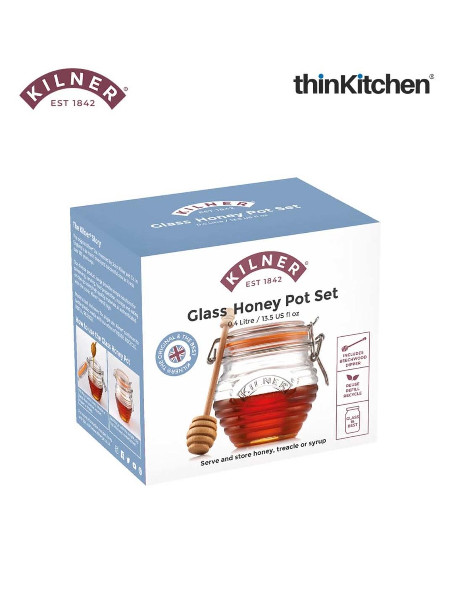 Kilner Transparent Glass Honey Pot With Beech Dipper (0.4 L)