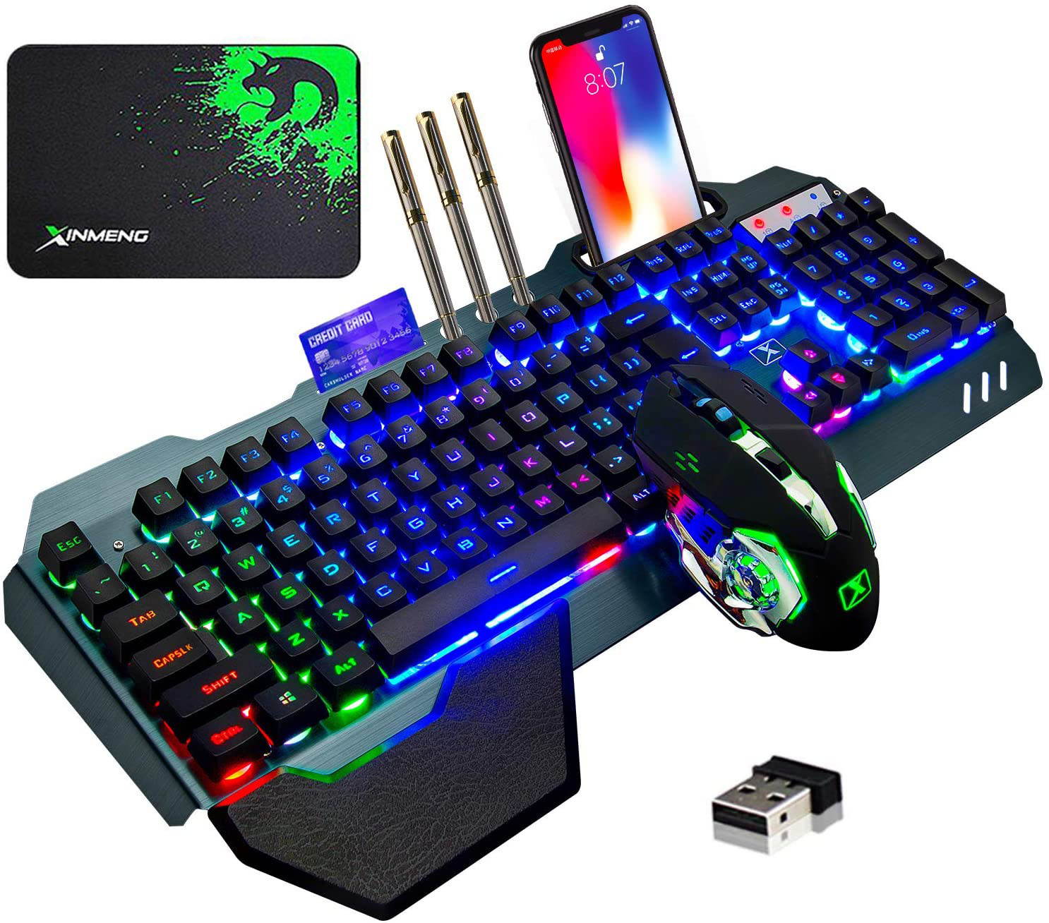 CUUWE Wireless Gaming Keyboard and Mouse,RGB Backlit Rechargeable Keyboard with 5000mAh Battery Metal Panel,Removable Hand Rest Mechanical Feel Keyboard and 7 Color Gaming Mute Mouse for PC Gamers