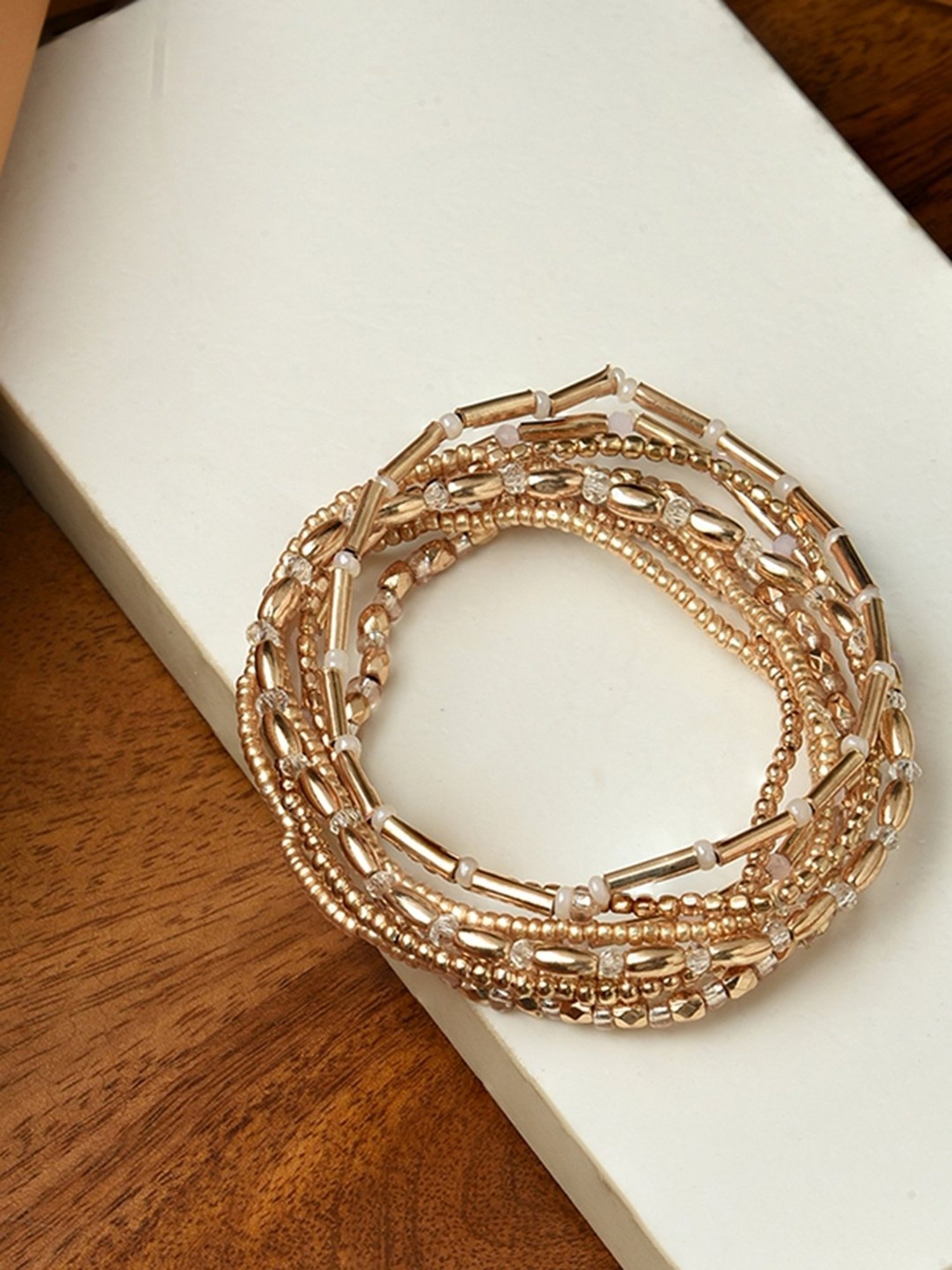 ToniQ Beads Golden Casual Bracelet for Women - Set of 10