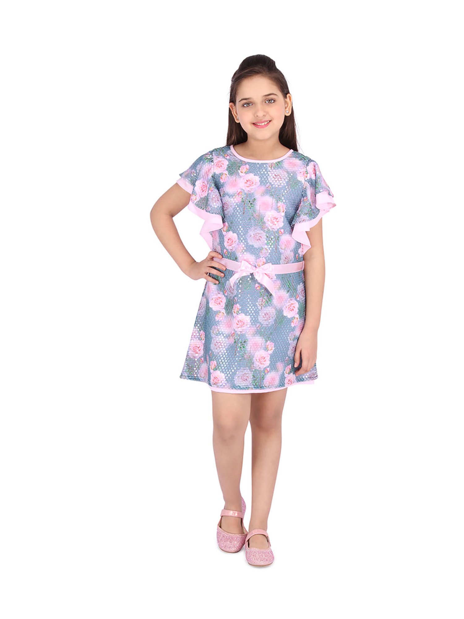 Cutecumber Kids Pink Printed Dress with Ribbon Belt
